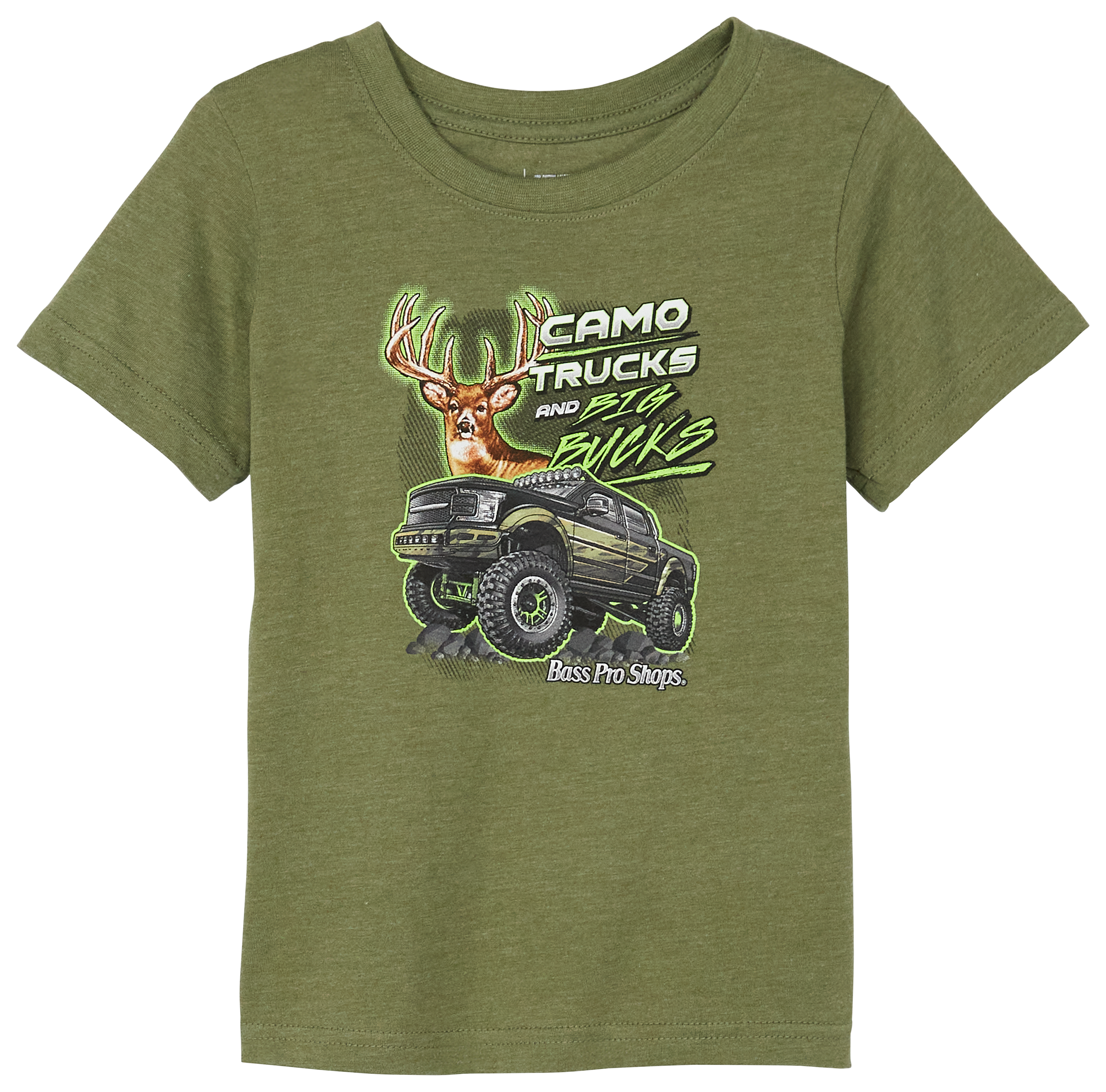 Image of Bass Pro Shops Camo Trucks and Big Bucks Short-Sleeve T-Shirt for Toddlers - Olive - 3T