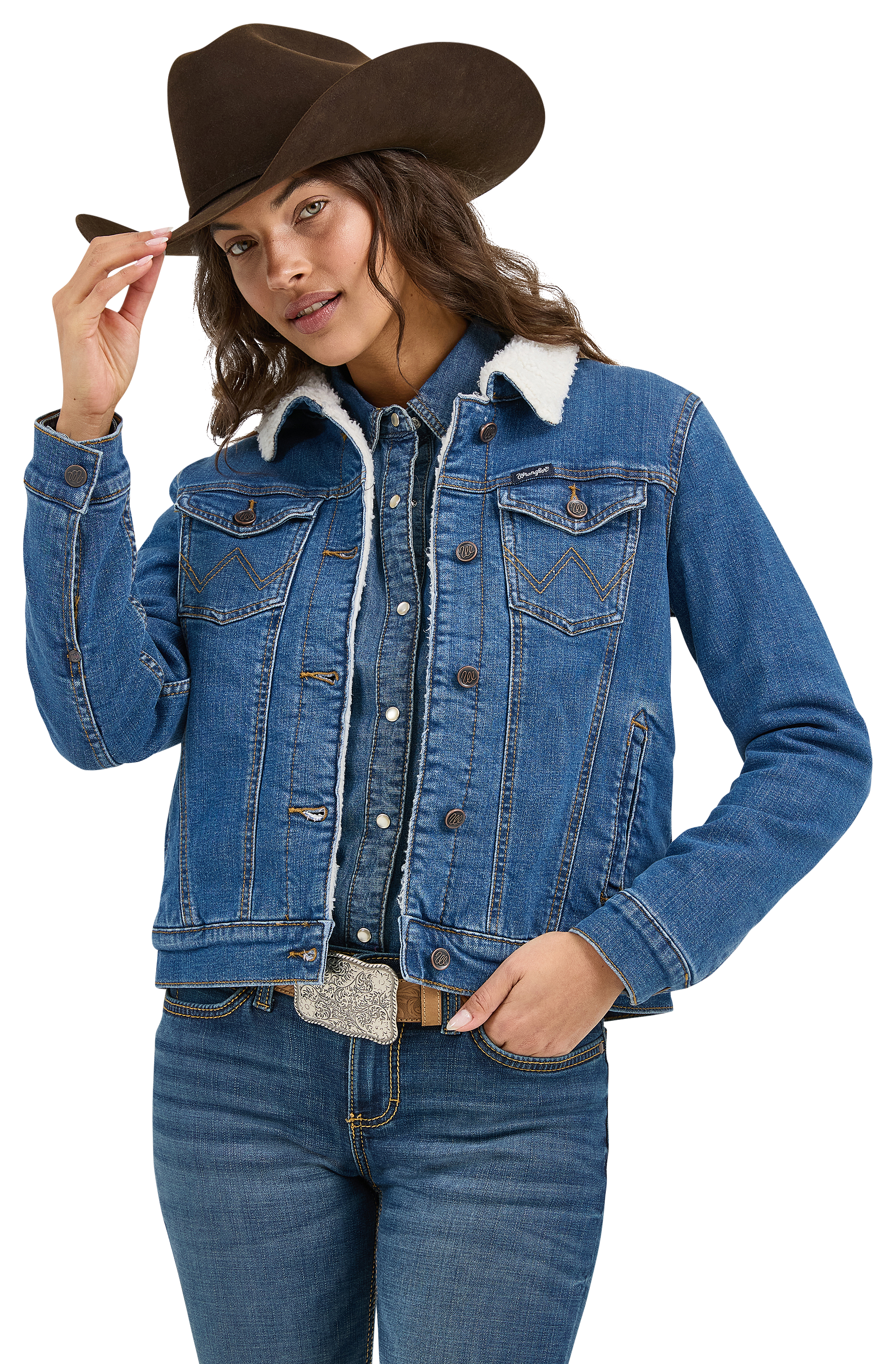 Image of Wrangler Retro Sherpa-Lined Western Denim Jacket for Ladies