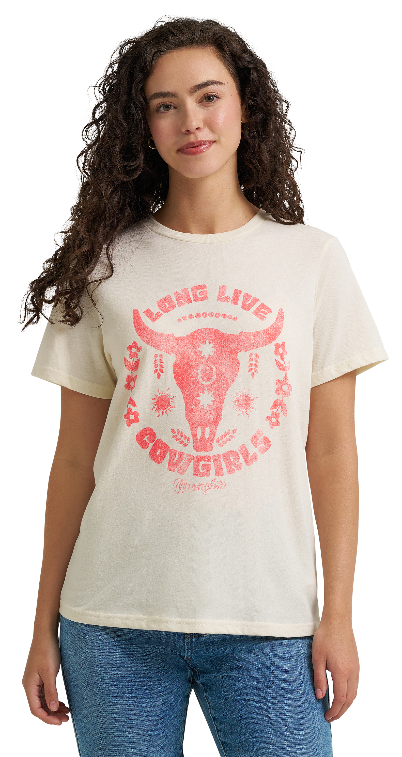 Image of Wrangler Retro Long Live Cowgirls Graphic Short-Sleeve T-Shirt for Ladies