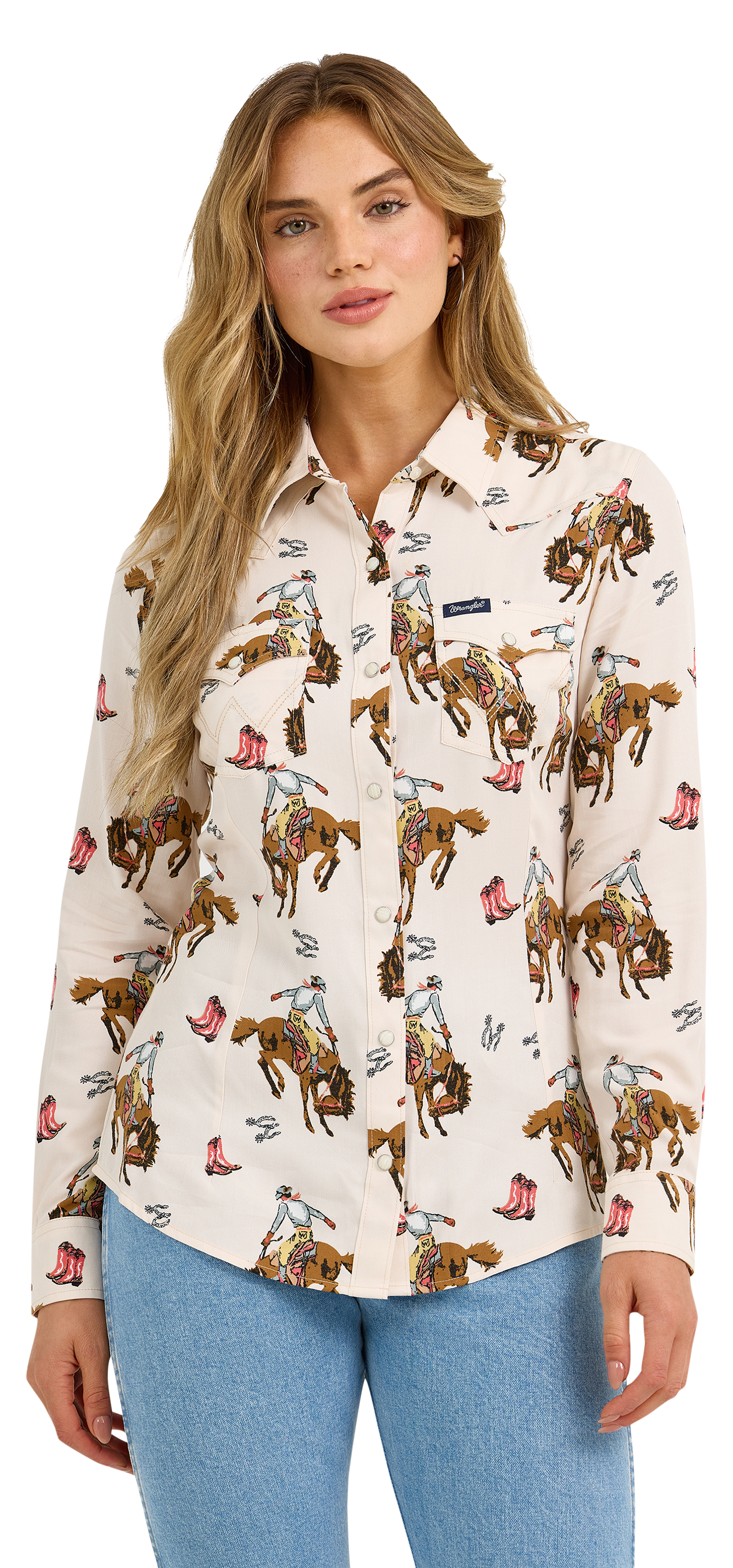 WRANGLER Retro Bold Bucking Cowboy Western Snap Shirt for Ladies
