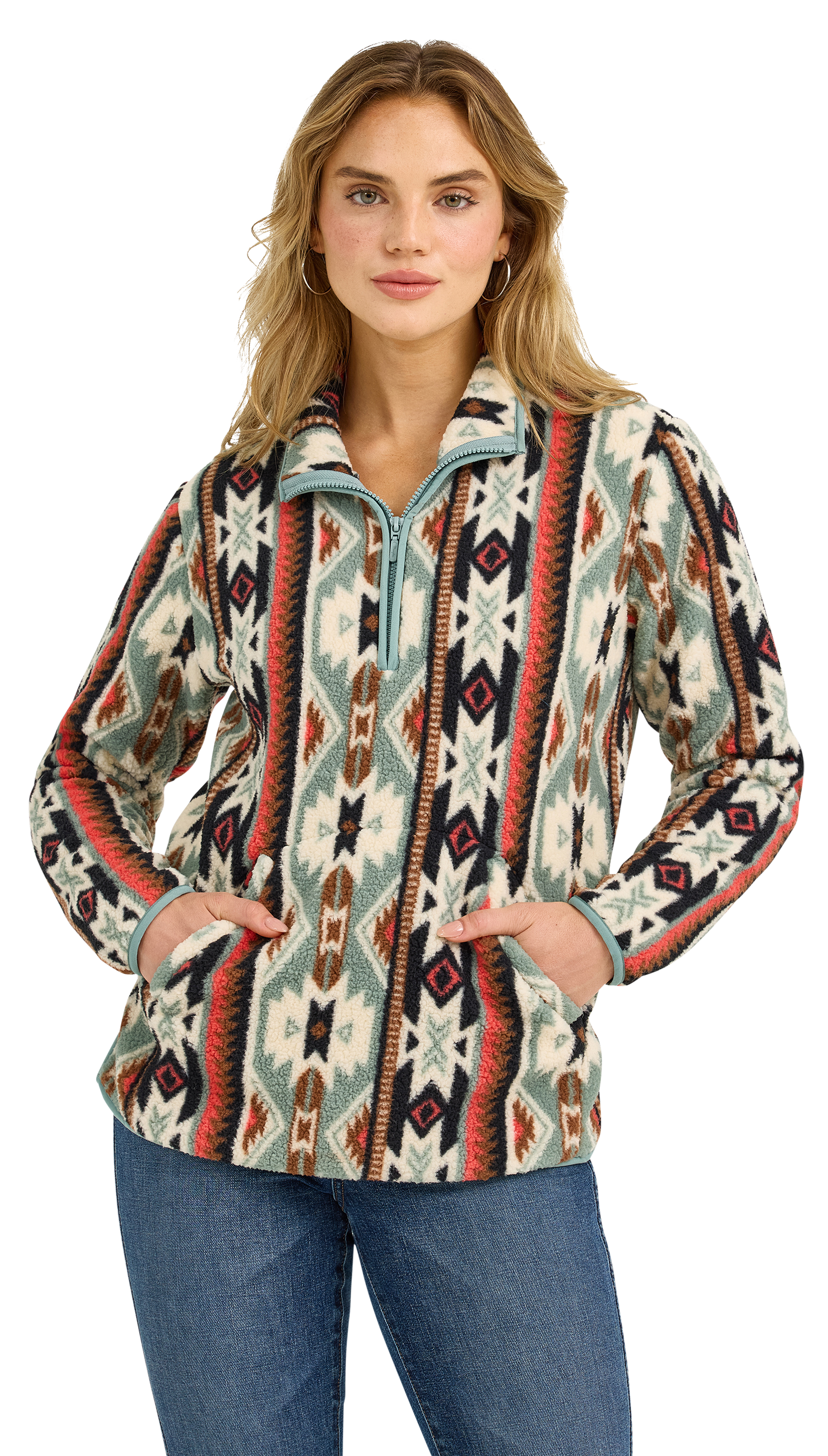 Image of Wrangler Retro Quarter-Zip Sherpa Pullover - Green Multi