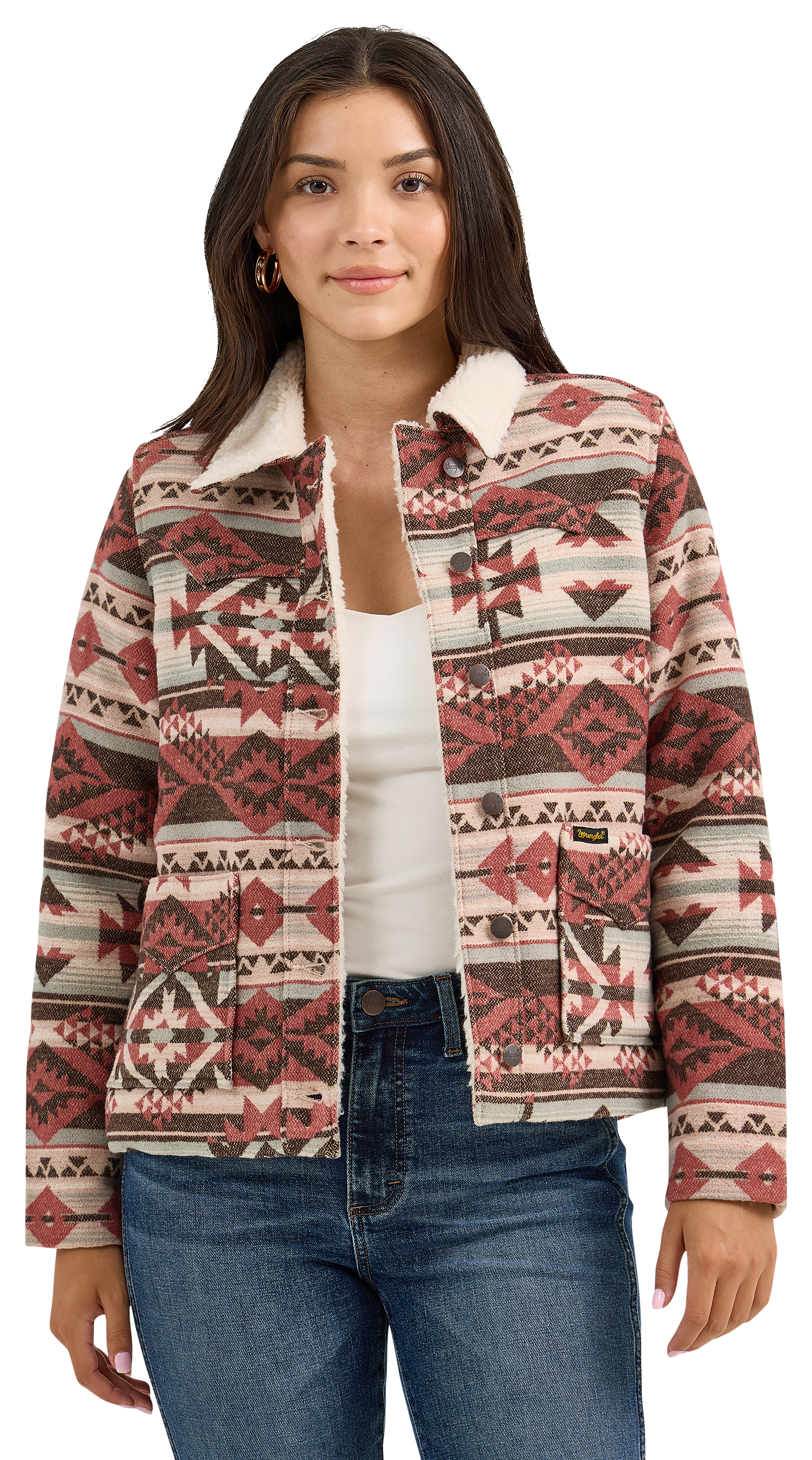 Image of Wrangler Retro Sherpa-Lined Jacquard Barn Jacket for Ladies - Burgundy Multi - L