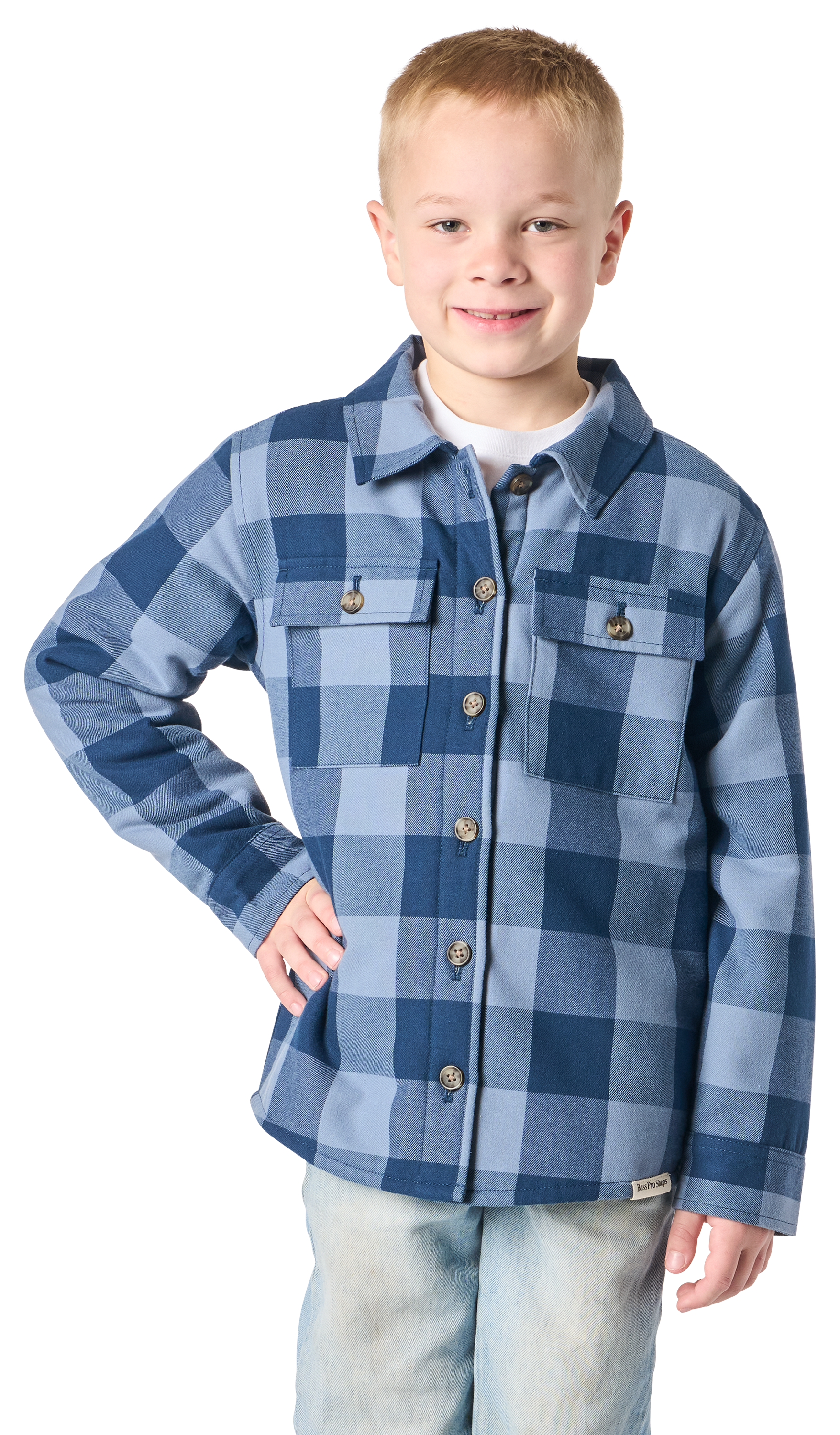 Image of Bass Pro Shops Sherpa-Lined Flannel Shirt Jacket for Boys - Navy/Vintage - M