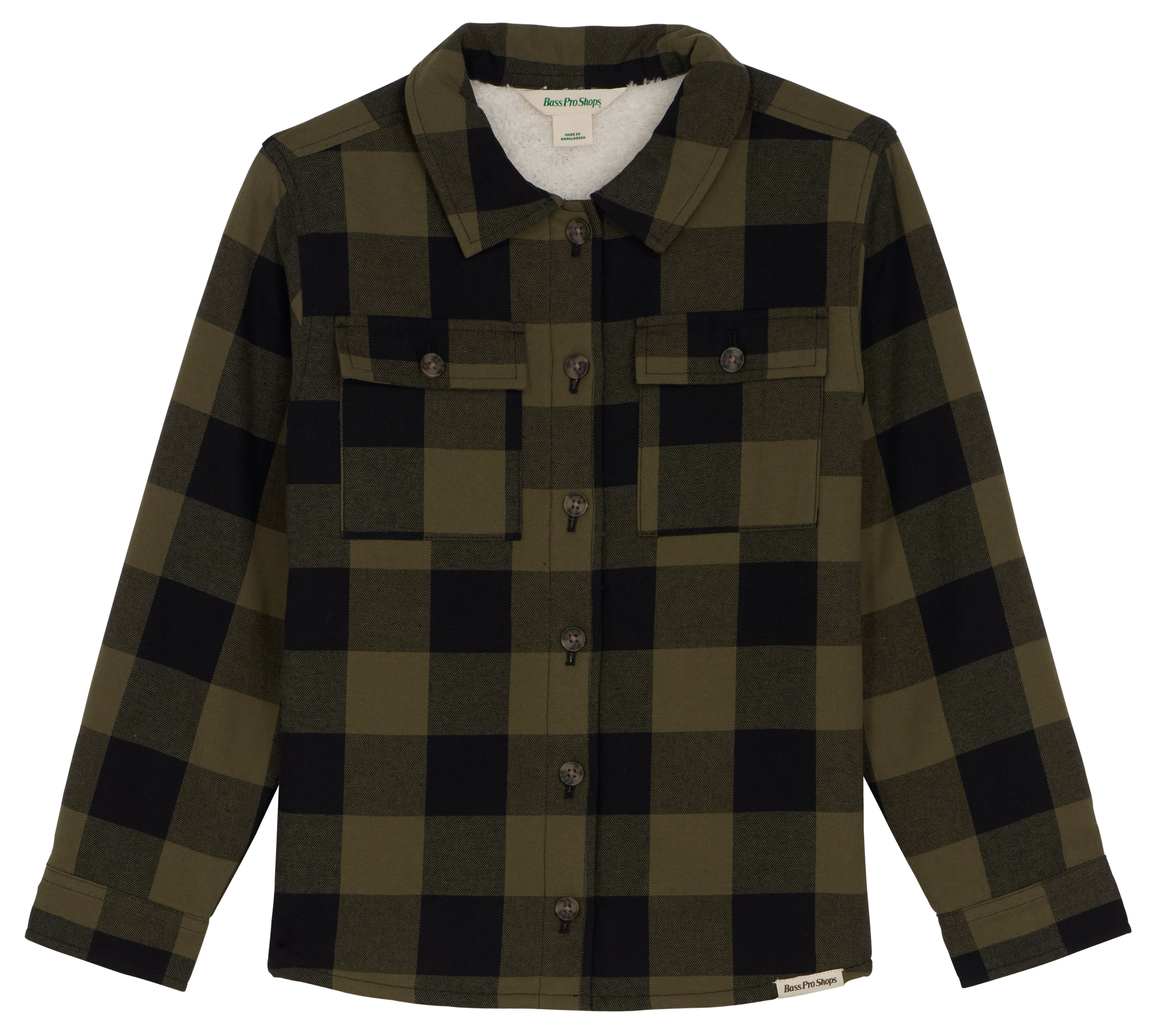 Image of Bass Pro Shops Sherpa-Lined Flannel Shirt Jacket for Kids - Olive/Black - M