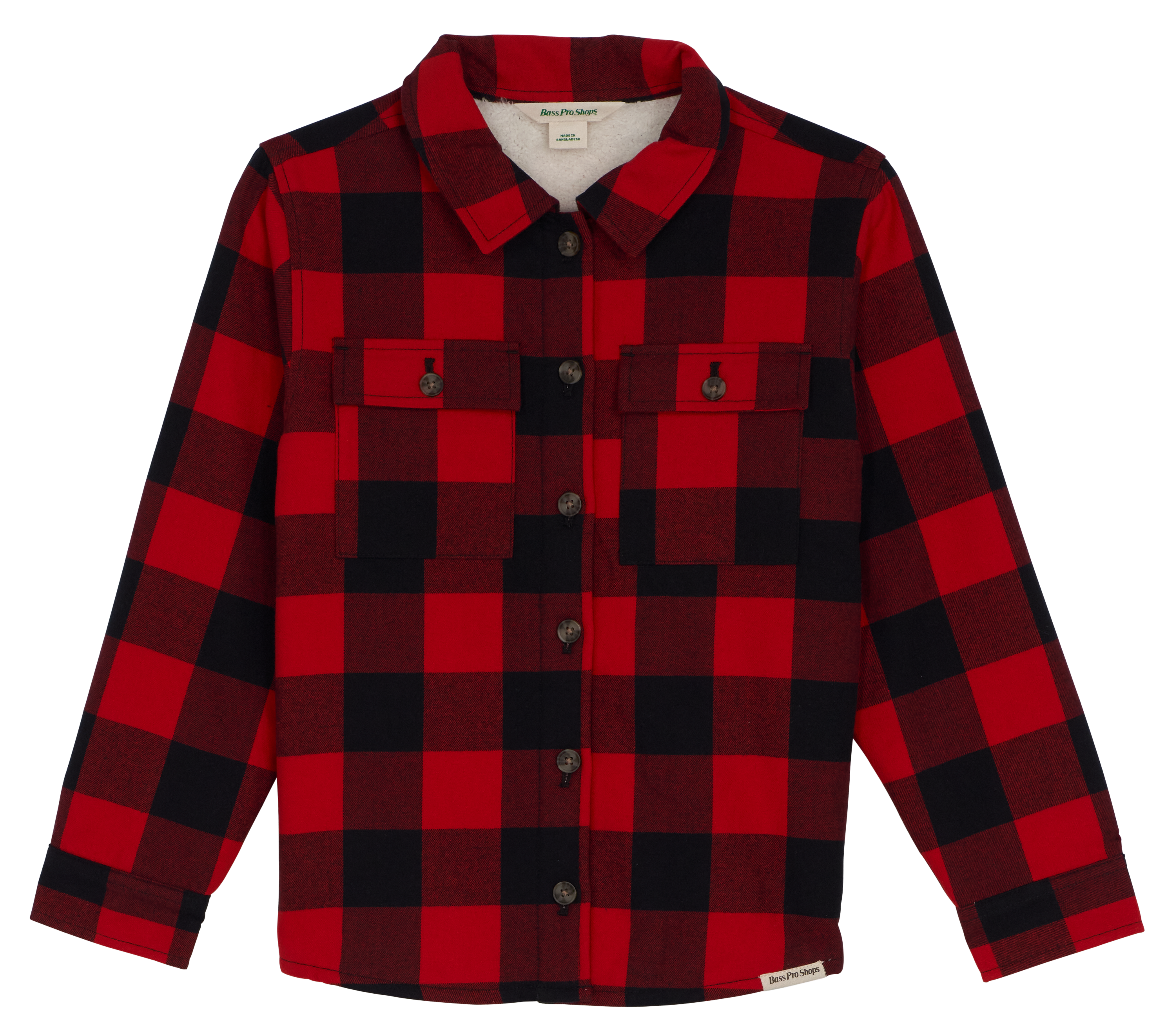 Image of Bass Pro Shops Sherpa-Lined Flannel Shirt Jacket for Kids - Red/Black - L