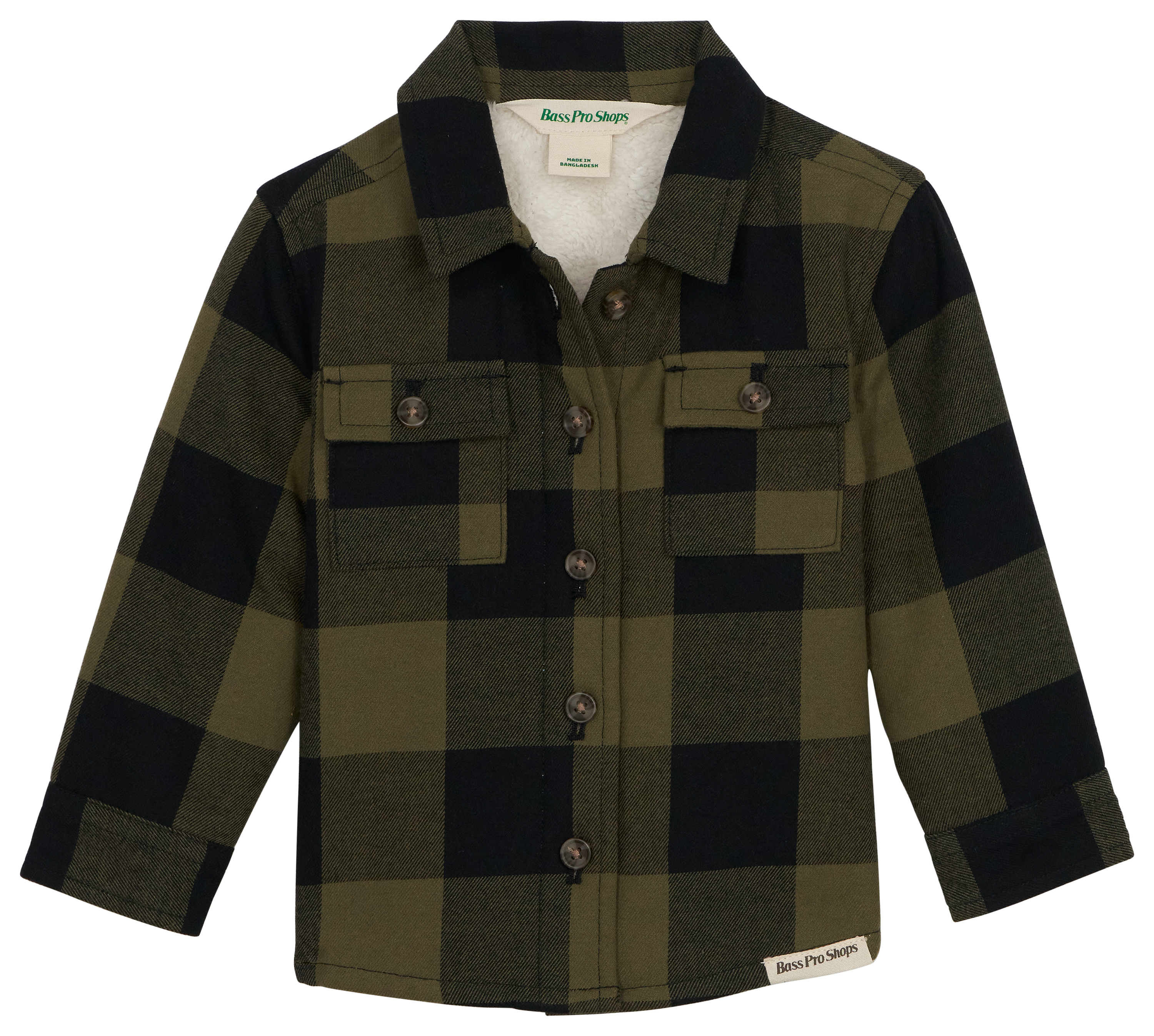 Image of Bass Pro Shops Sherpa-Lined Flannel Long-Sleeve Button-Down Shirt for Babies - Olive/Black - 18 Months