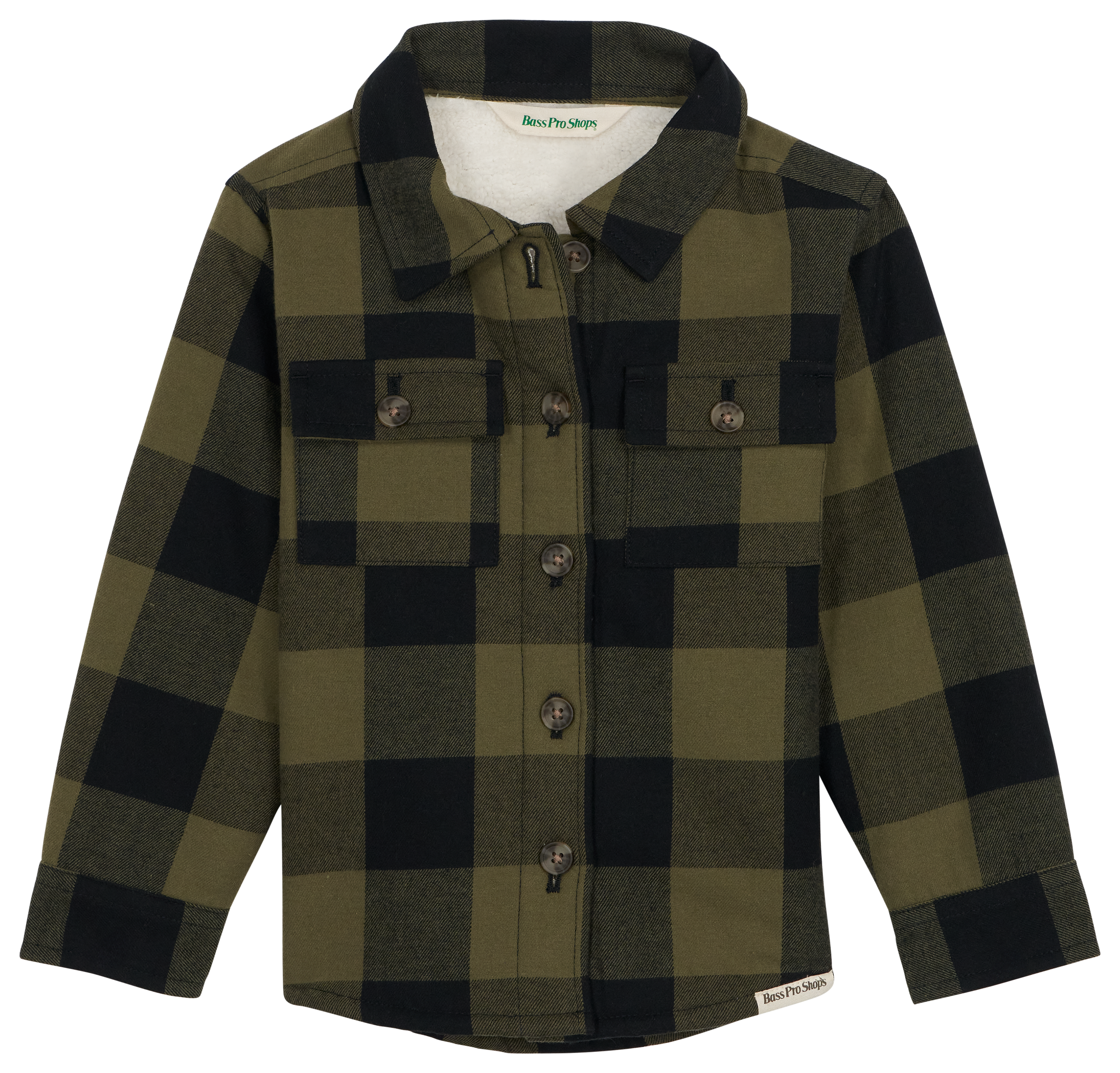 Image of Bass Pro Shops Sherpa-Lined Flannel Long-Sleeve Shirt for Toddlers - Olive/Black - 3T
