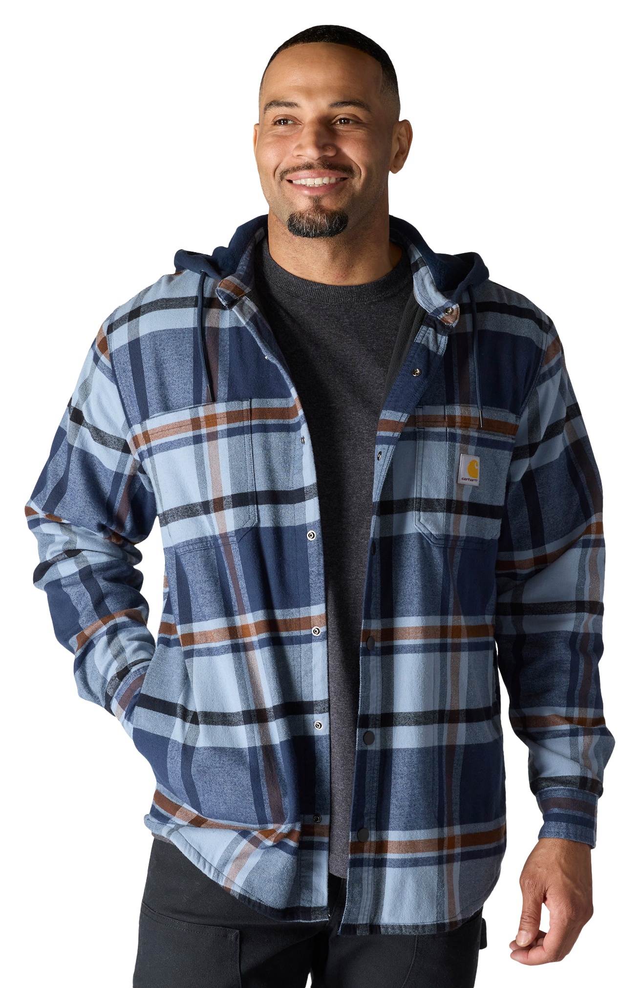 Image of Carhartt RF Relaxed Fit Flannel Lined Hooded Shirt Jacket for Men - Navy - XL