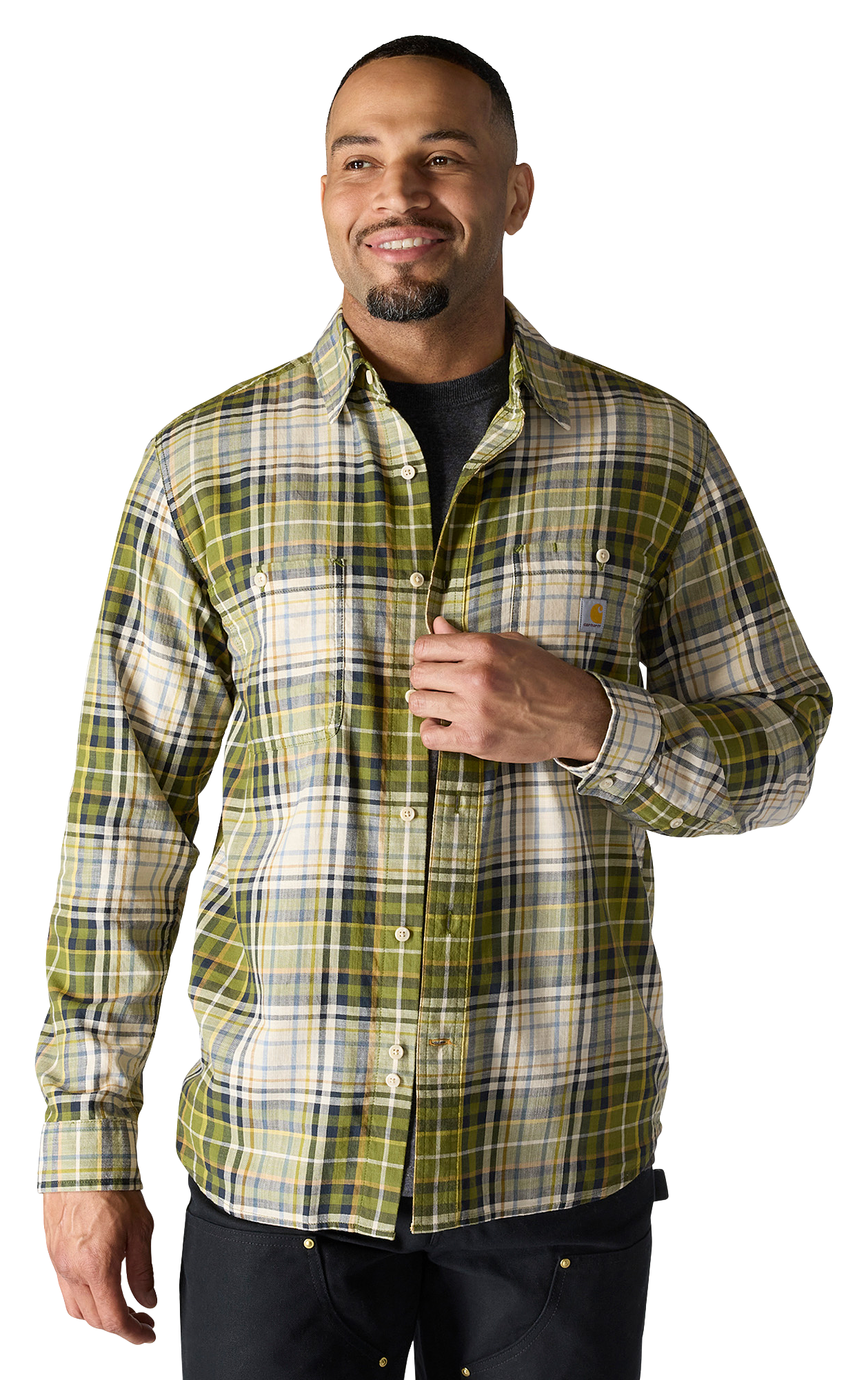 Image of Carhartt Rugged Flex Relaxed-Fit Lightweight Long-Sleeve Plaid Shirt - Dark Green