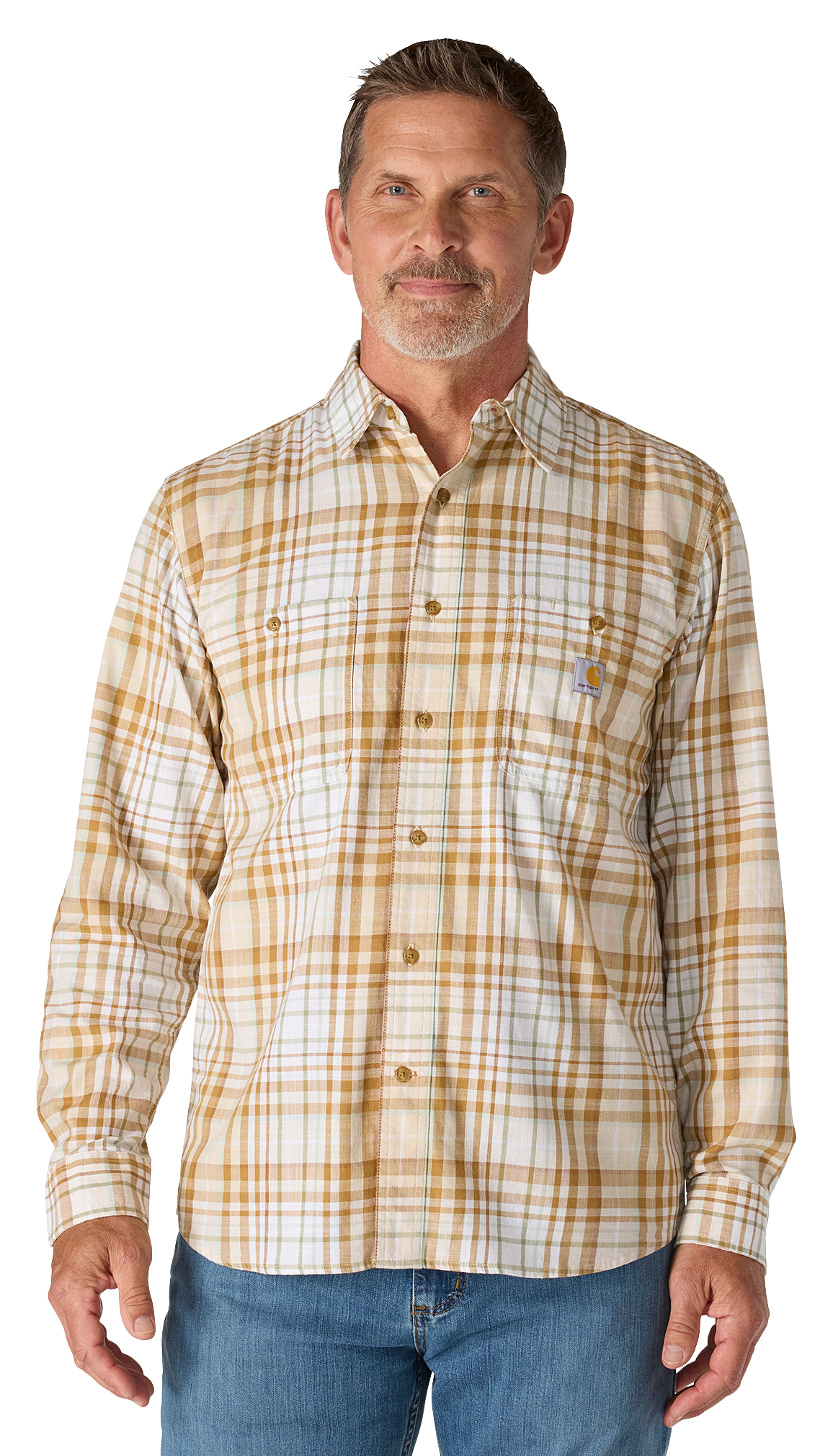 Image of Carhartt Rugged Flex Relaxed-Fit Lightweight Long-Sleeve Plaid Shirt - Oat Milk