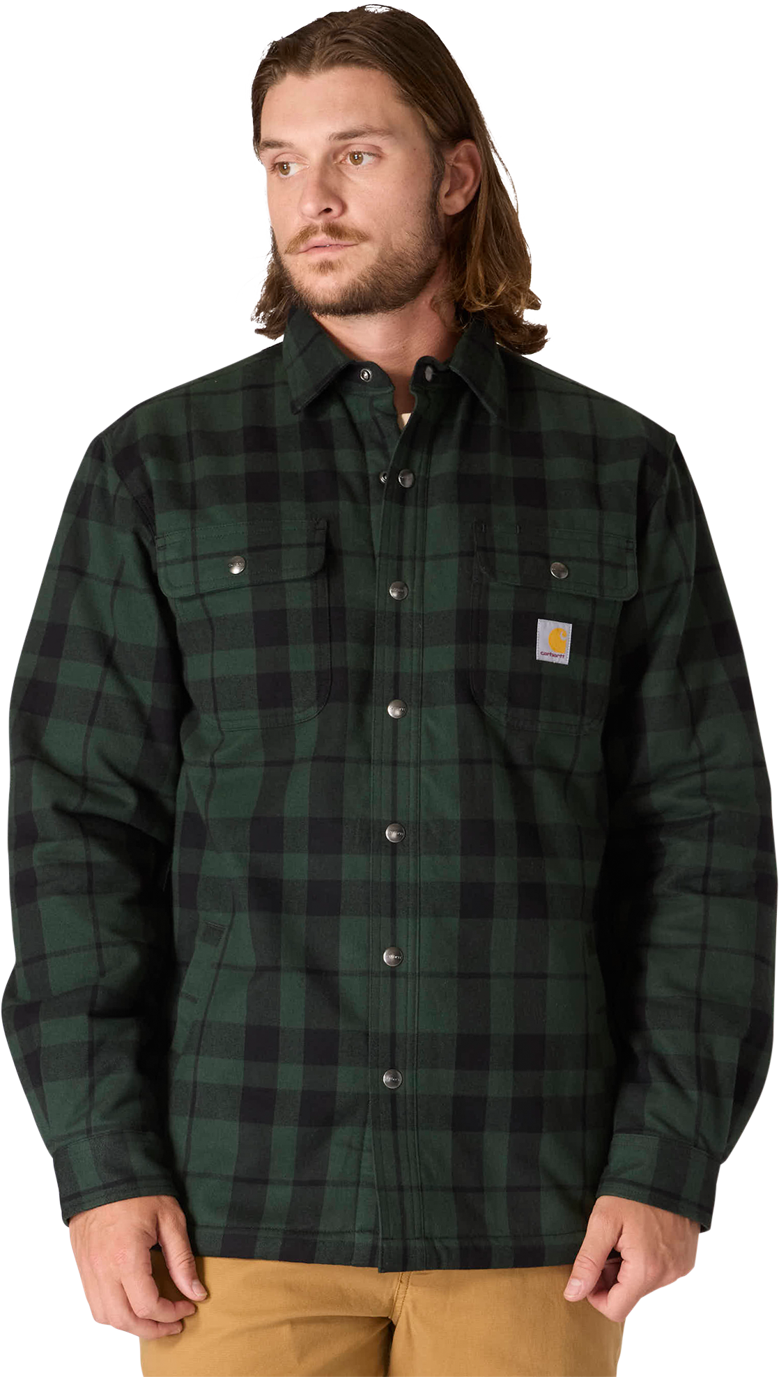 Image of Carhartt Relaxed-Fit Flannel Sherpa-Lined Shirt Jac - Forestry Green - M