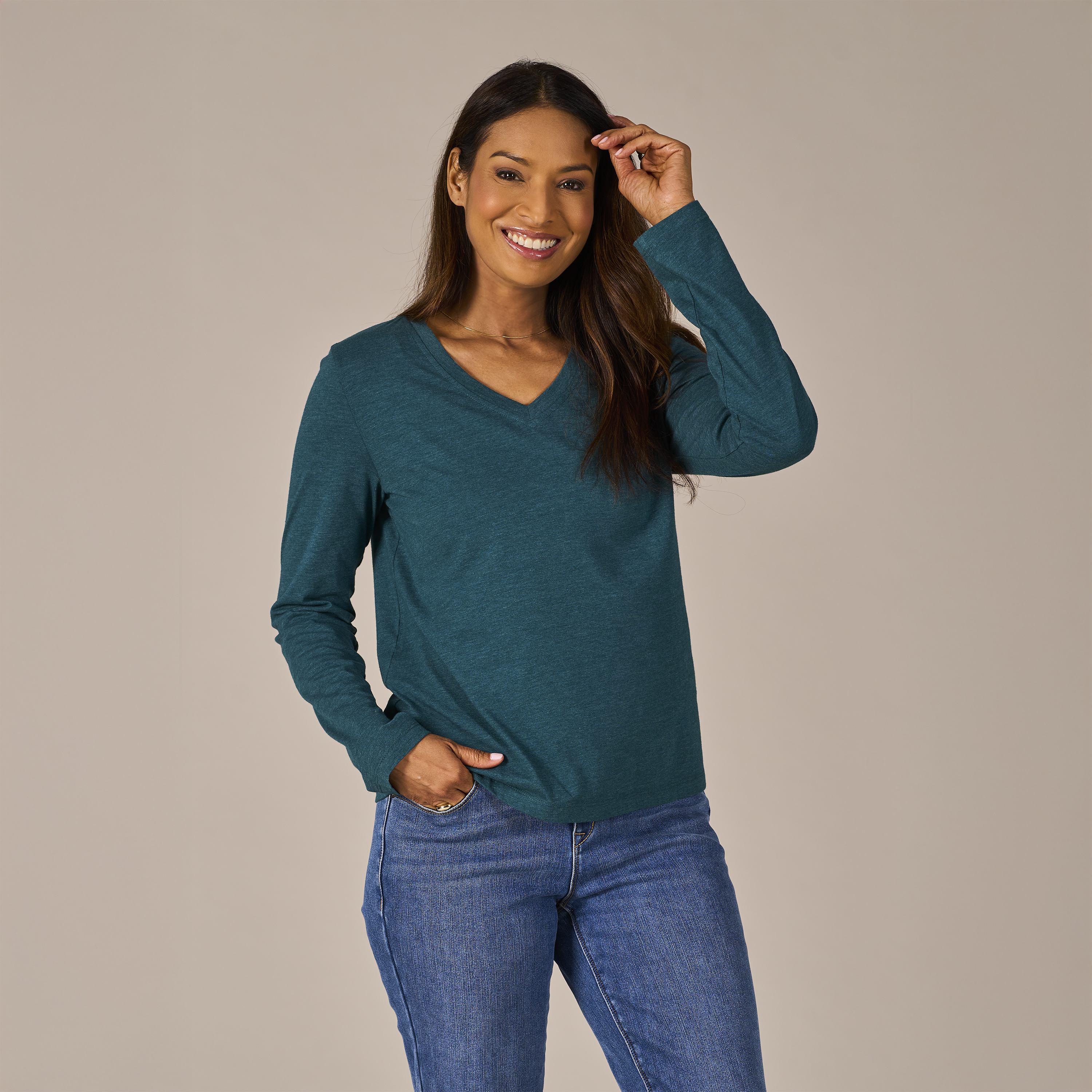 Image of Natural Reflections Everyday V-Neck Long-Sleeve T-Shirt - Deep Teal