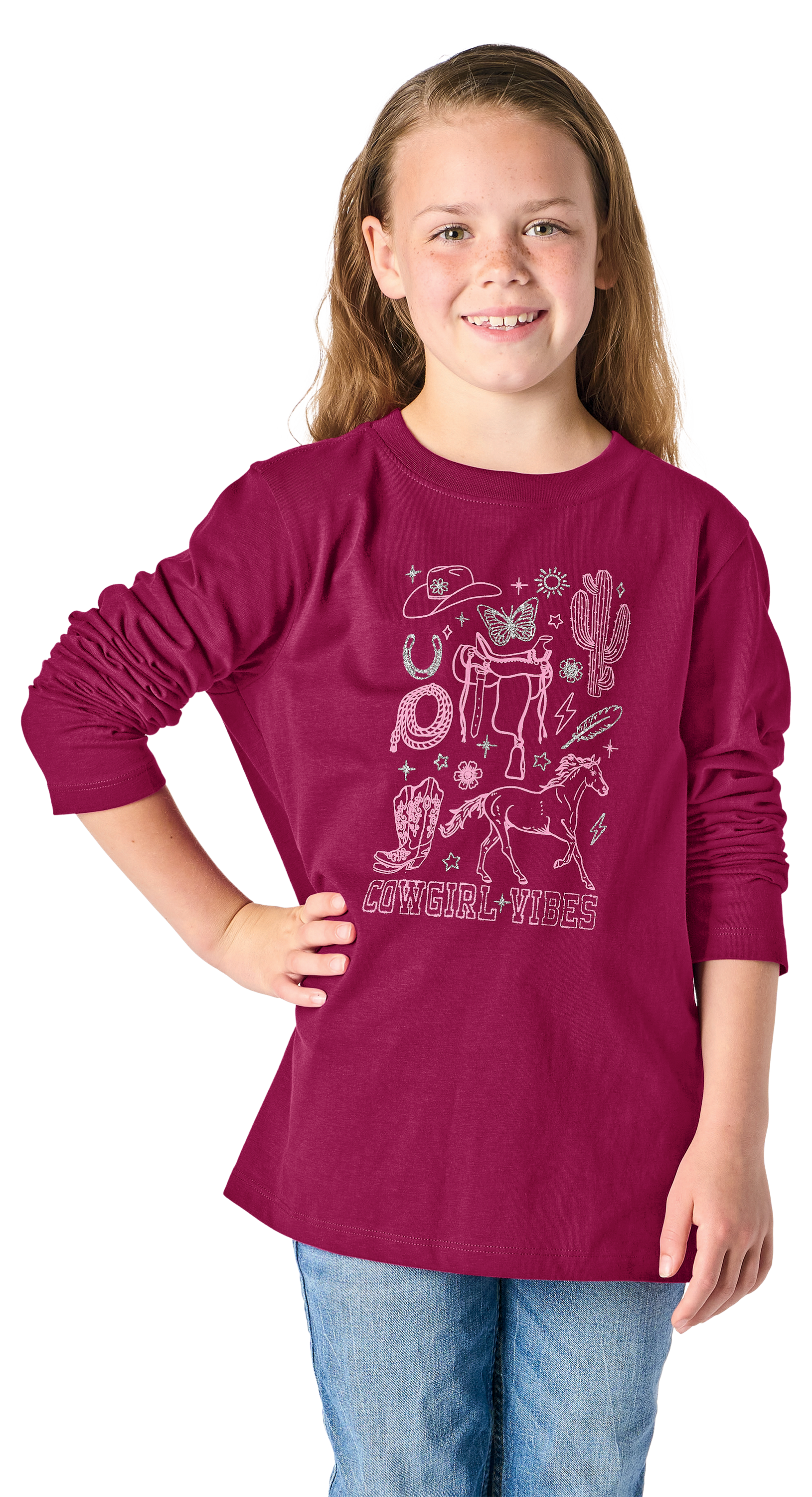 Image of Bass Pro Shops Desert Cactus Long-Sleeve Shirt for Kids - Raspberry