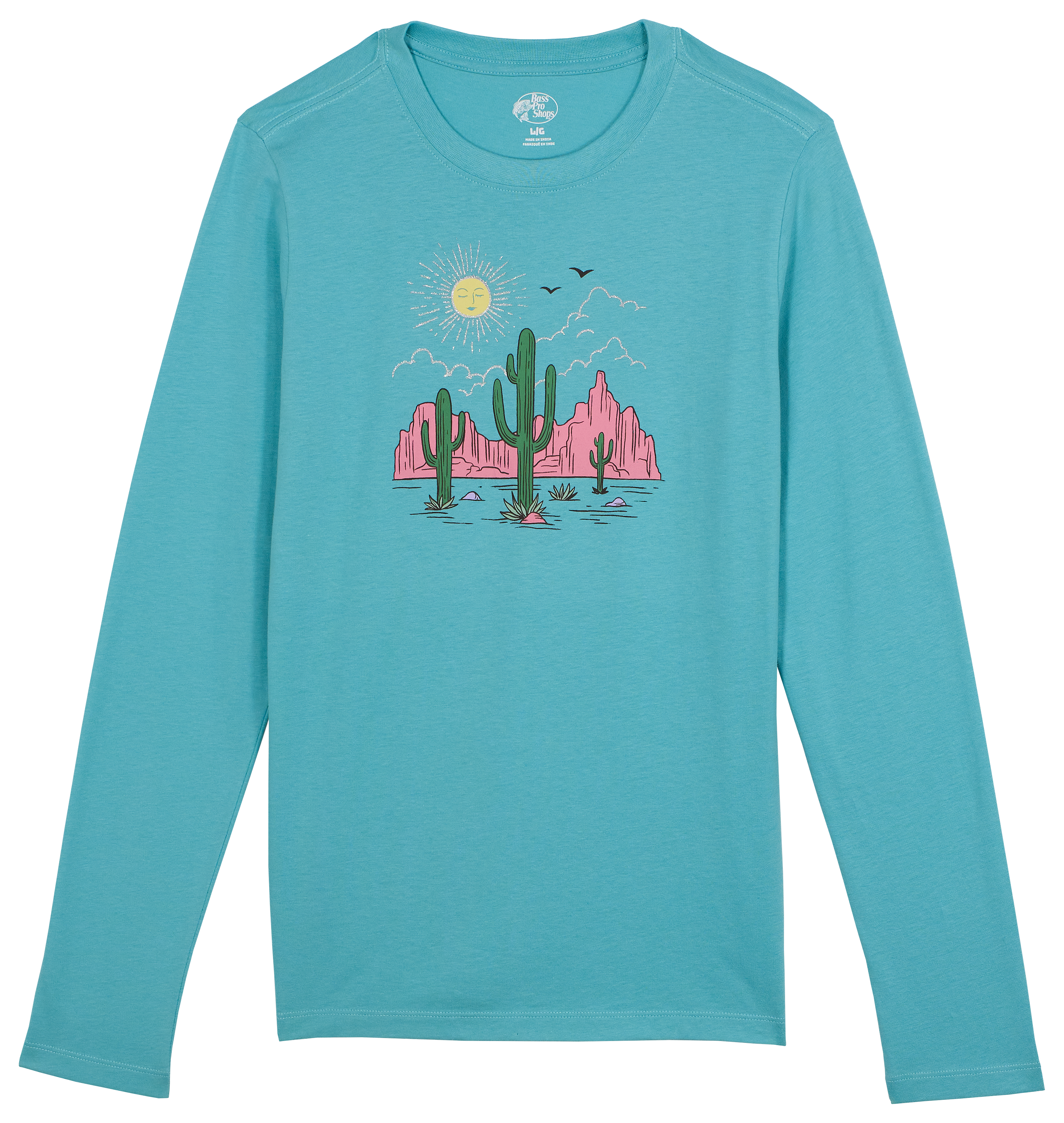 Image of Bass Pro Shops Desert Cactus Long-Sleeve Shirt for Kids - Aqua Sea - L