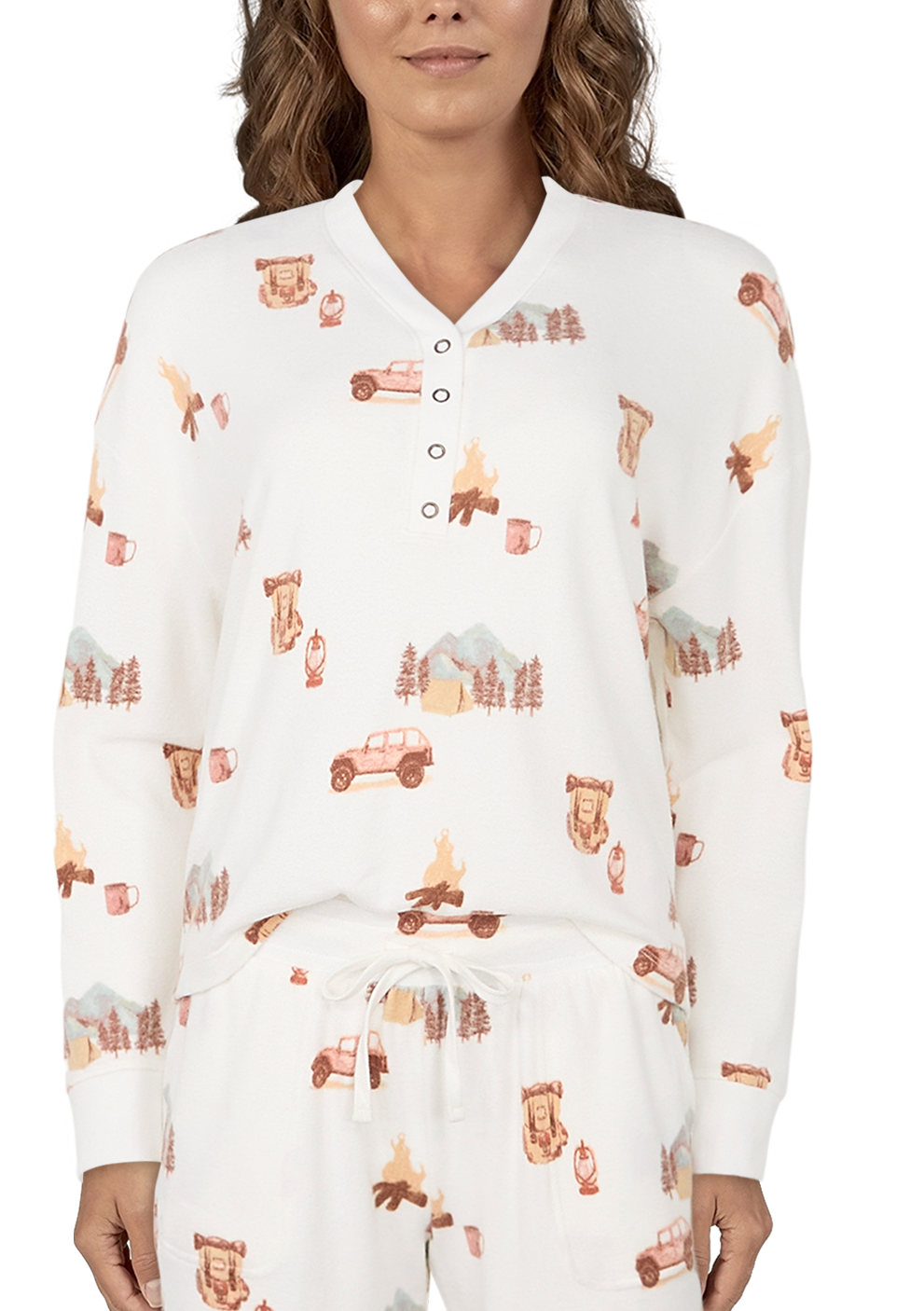 Natural Reflections Camper Print Long-Sleeve Henley Shirt for Ladies                                                            
