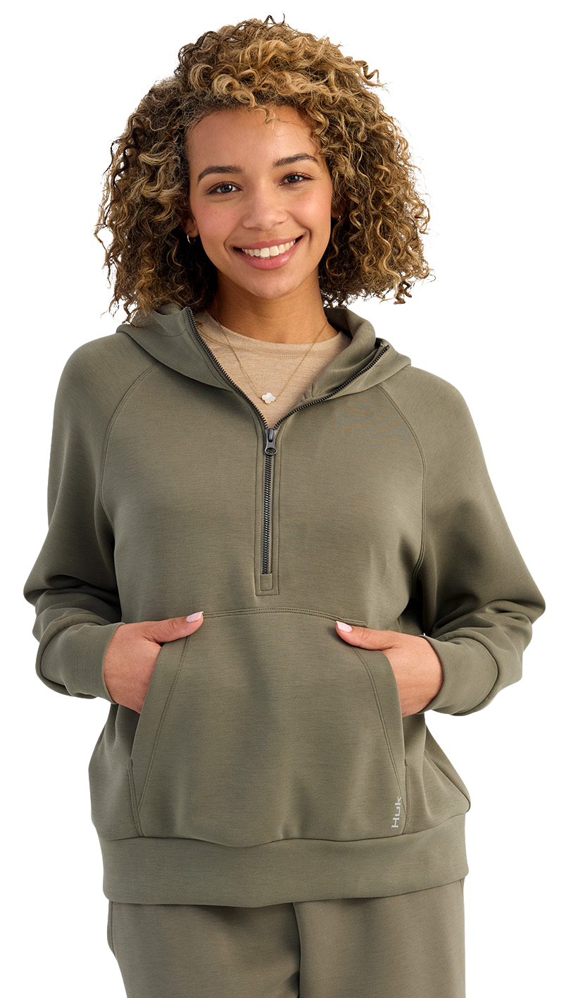 Image of Huk Bayside Half-Zip Long-Sleeve Hoodie - Moss