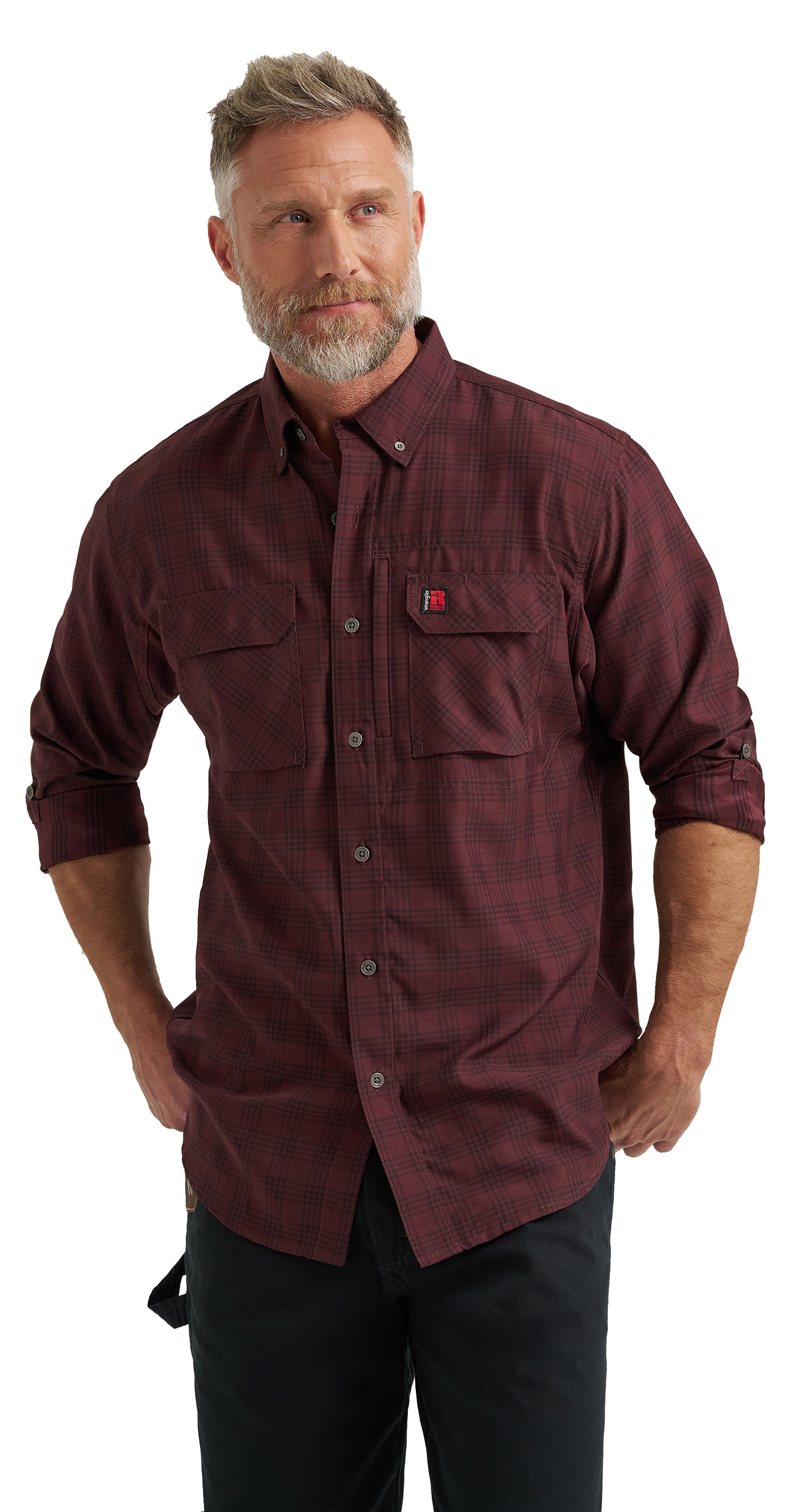 Image of Wrangler Riggs Workwear Technical All-Season Long-Sleeve Button-Down Shirt for Men - Burgundy Plaid - 2XL