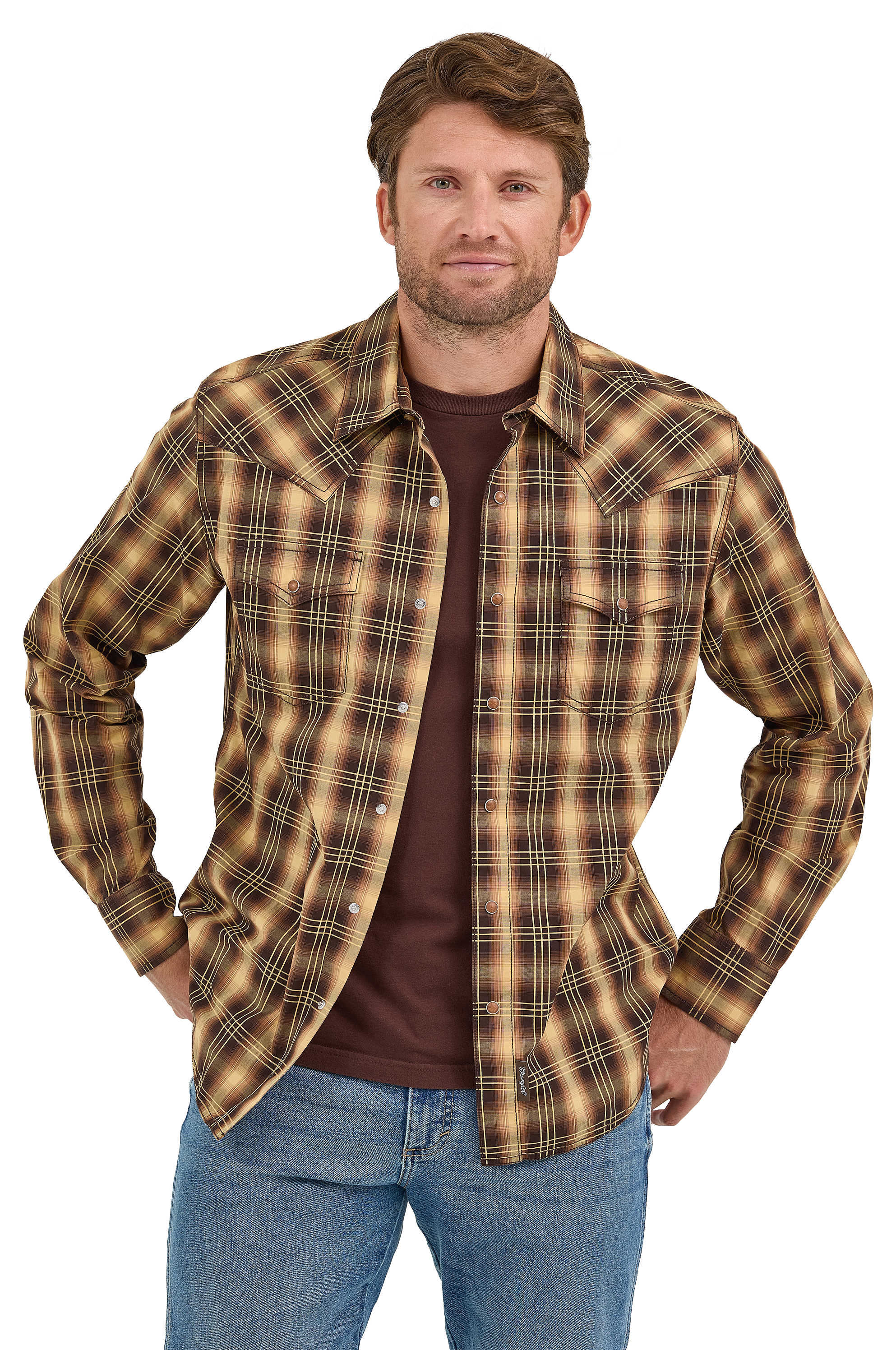 Image of Wrangler Retro Premium Modern-Fit Long-Sleeve Shirt for Men - Brown Multi