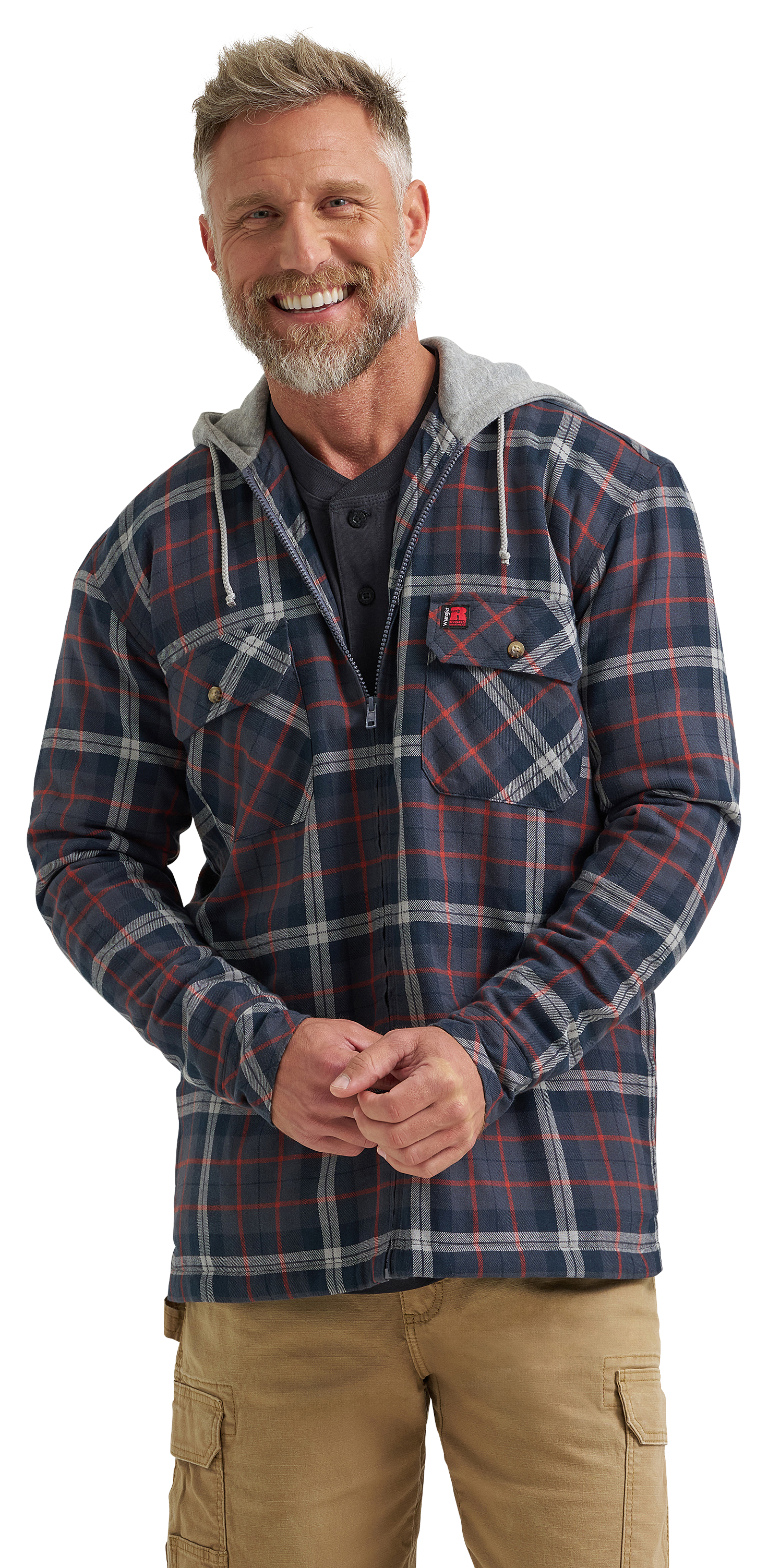 Image of Wrangler Riggs Workwear Masonry Hooded Jacket for Men - Ink/Red Plaid - M