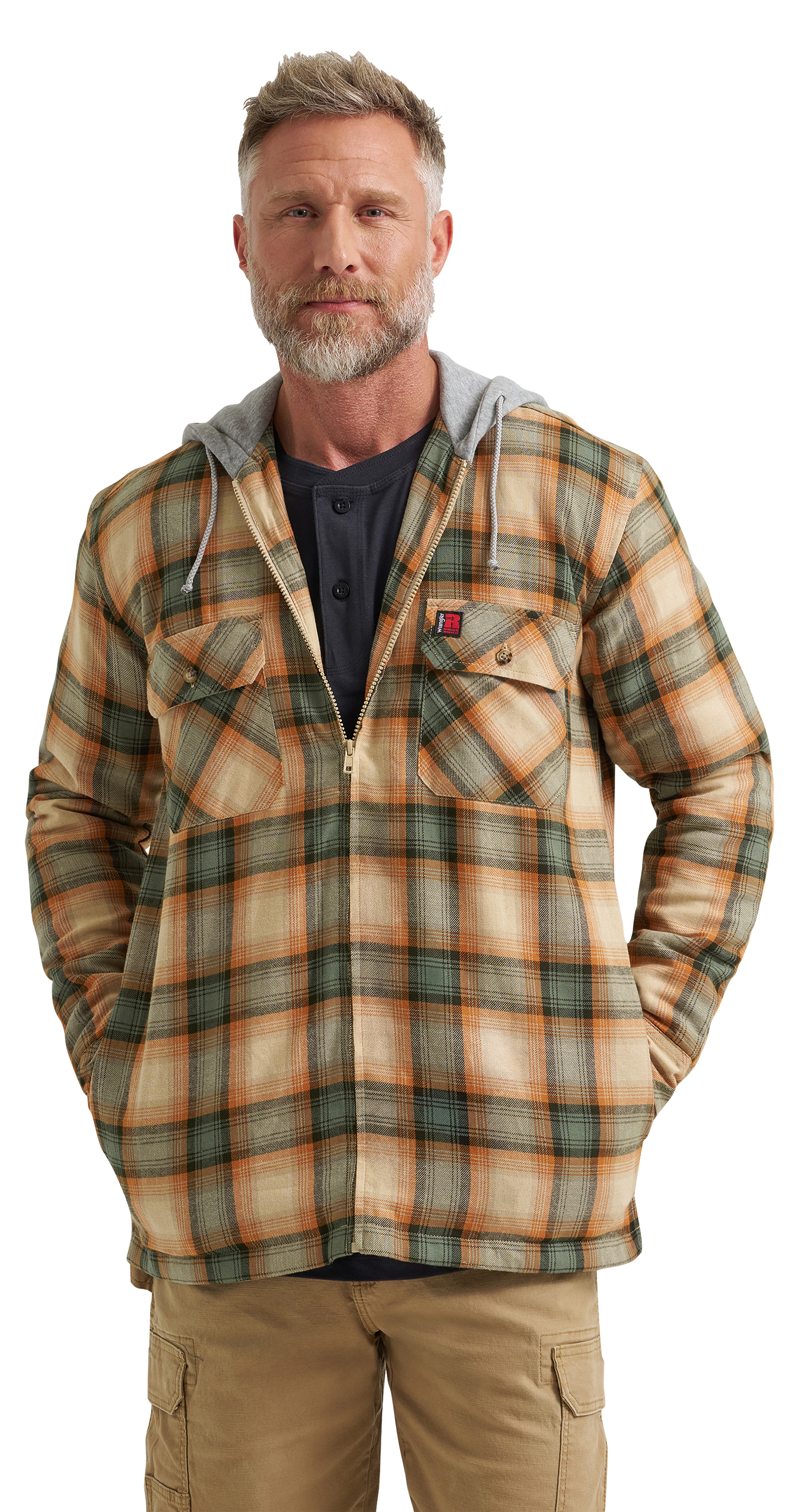 Image of Wrangler Riggs Workwear Masonry Hooded Jacket for Men - Tan/Orange Plaid - M