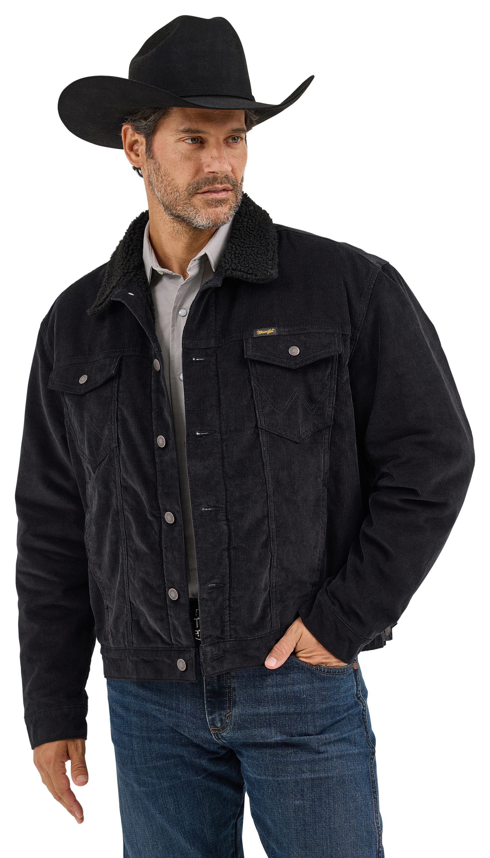 Image of Wrangler Sherpa-Lined Corduroy Jacket for Men - Caviar - XL