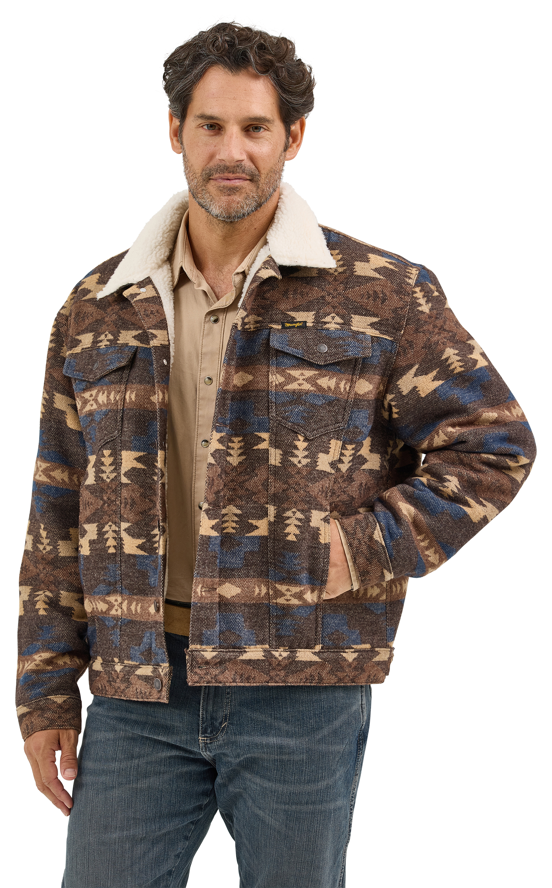 Image of Wrangler Sherpa-Lined Jacquard Jacket for Men - Chocolate Torte - XL