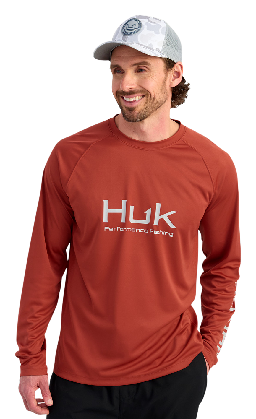 Image of Huk Vented Pursuit Logo Graphic Long-Sleeve Shirt - Craw Red