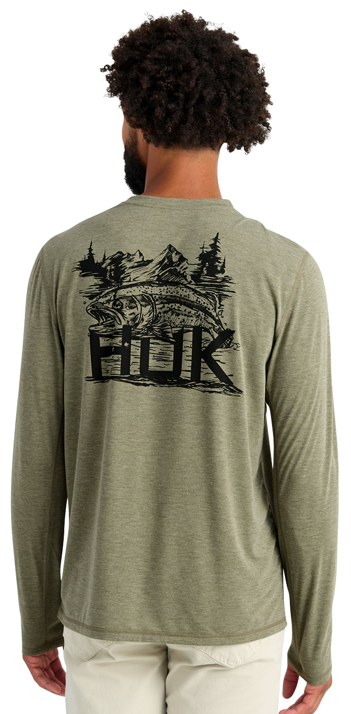 Image of Huk Drift Crew-Neck Mountain Trout Graphic Long-Sleeve Shirt - Moss - 3XL