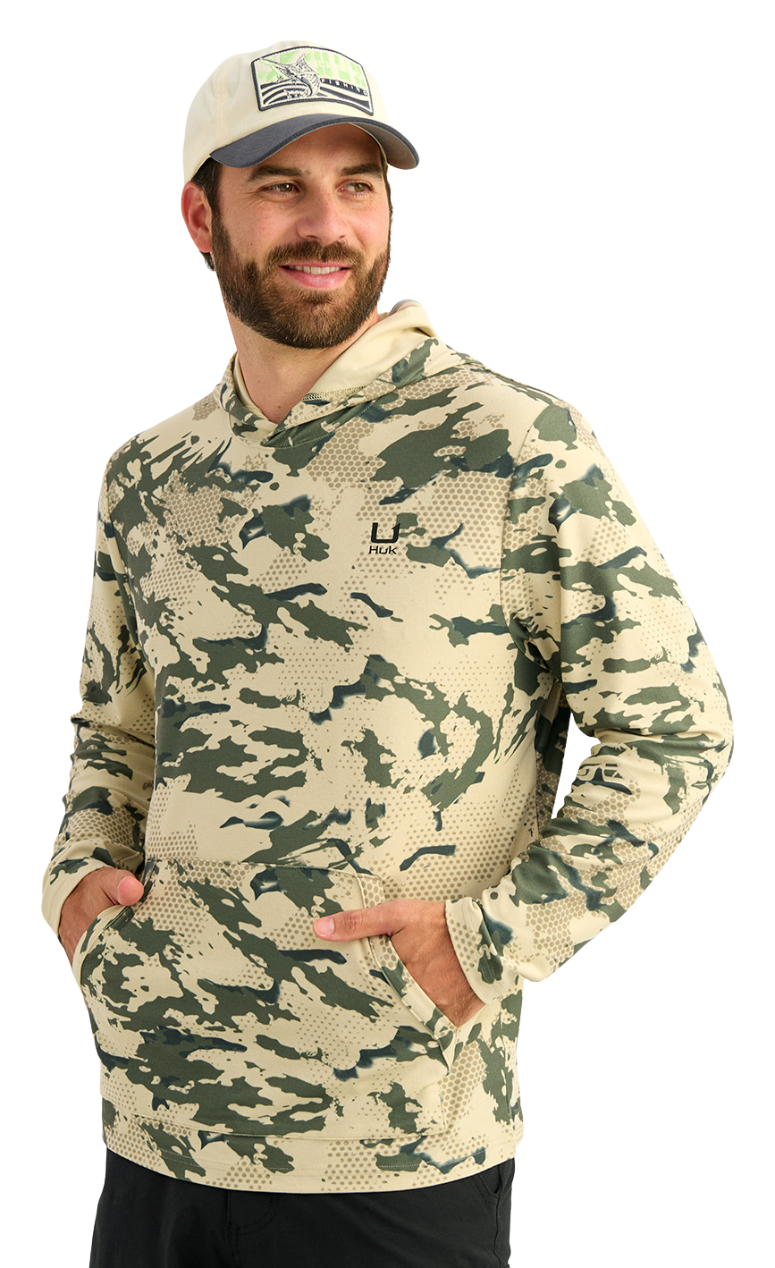 Image of Huk Leeward KC Printed Lightweight Fleece Pullover Hoodie - Moss - 2XL