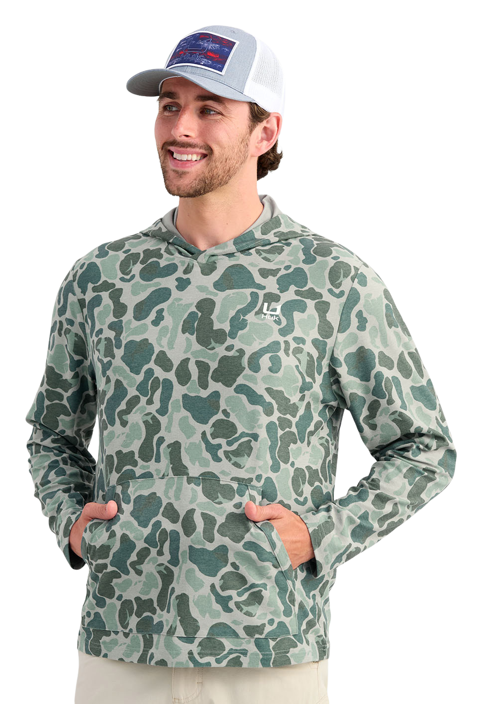 Image of Huk Leeward KC Printed Lightweight Fleece Pullover Hoodie - Volcanic Ash - M