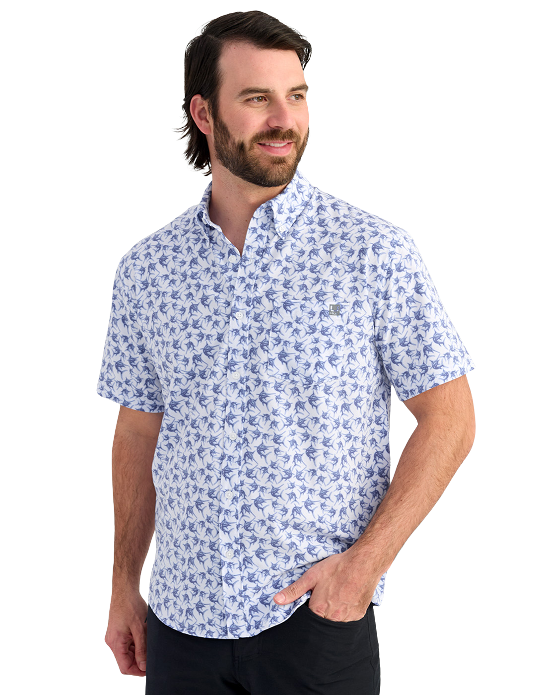 Huk Kona KC Short-Sleeve Button-Down Shirt - White Mini Marlin