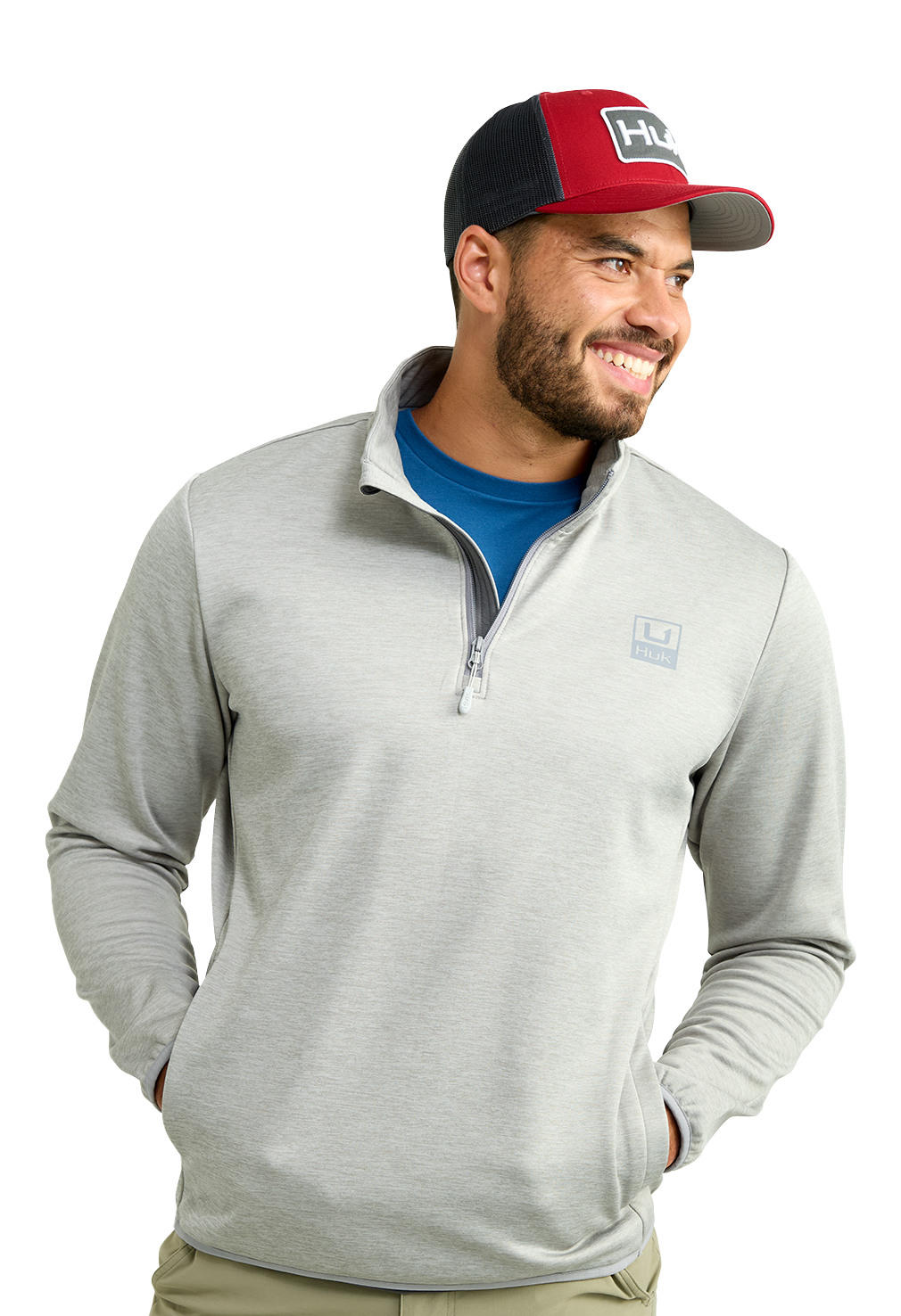 Image of Huk Coldfront+ Quarter-Zip Long-Sleeve Pullover for Men - Harbor Mist Heather