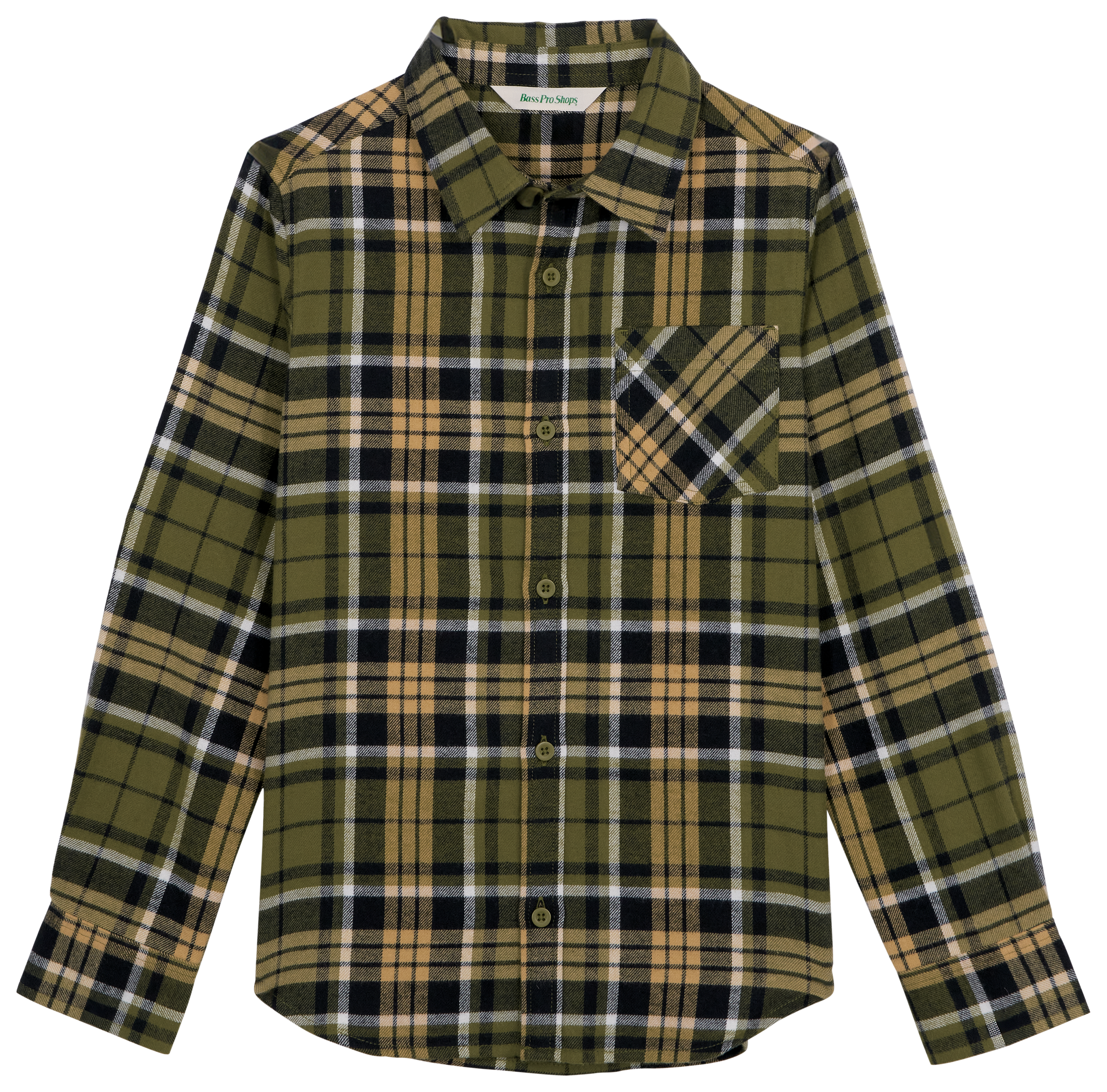 Image of Bass Pro Shops Plaid Flannel Long-Sleeve Button-Down Shirt for Kids - Olive - XS