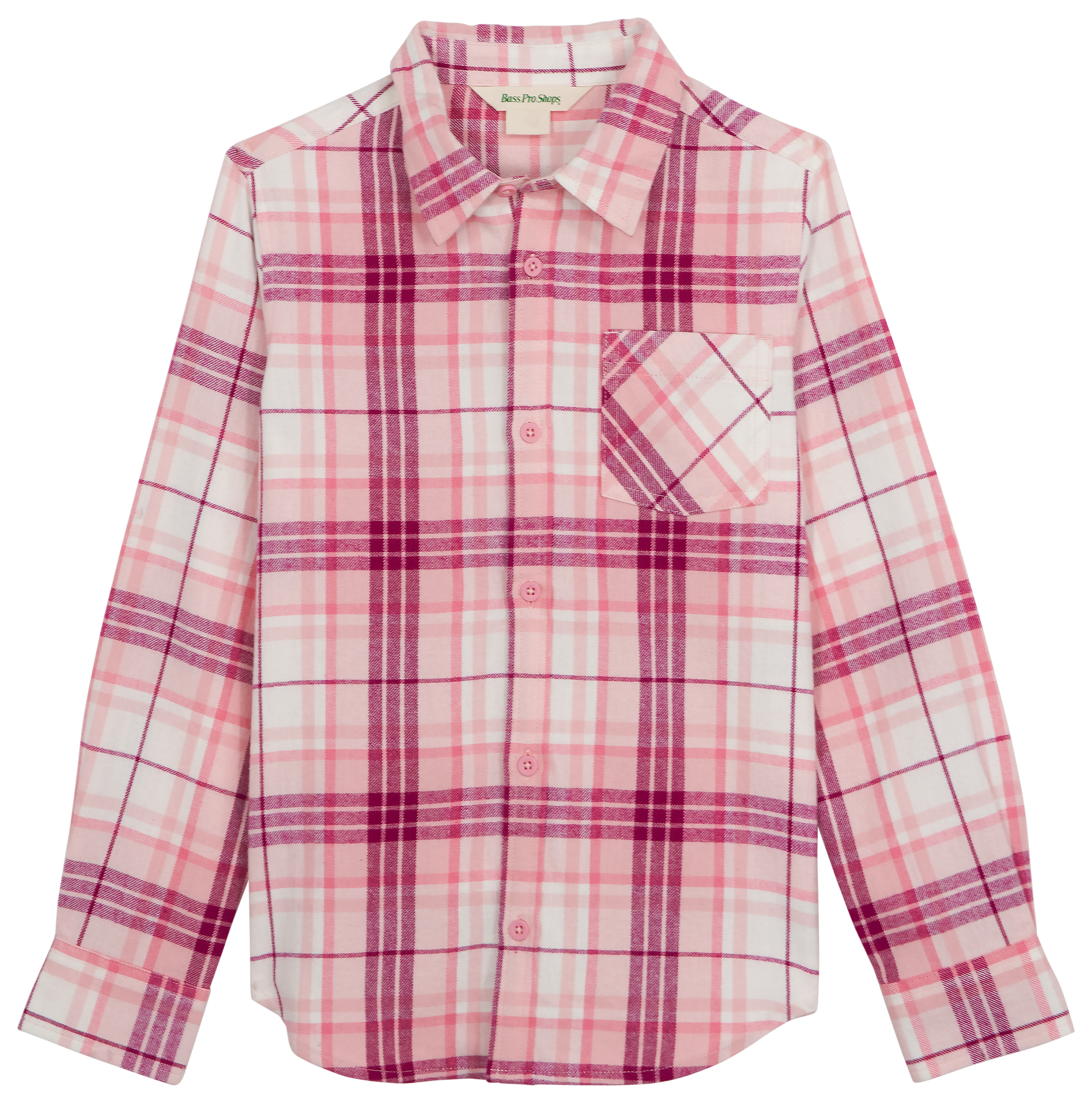 Image of Bass Pro Shops Plaid Flannel Long-Sleeve Button-Down Shirt for Kids - Raspberry Rose
