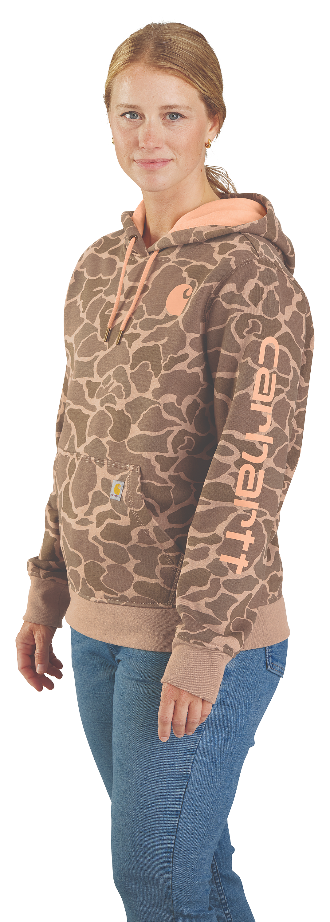 Image of Carhartt Relaxed-Fit Midweight Logo Sleeve Graphic Hooded Sweatshirt for Ladies - Soft Sepia Vintage Camo - XL