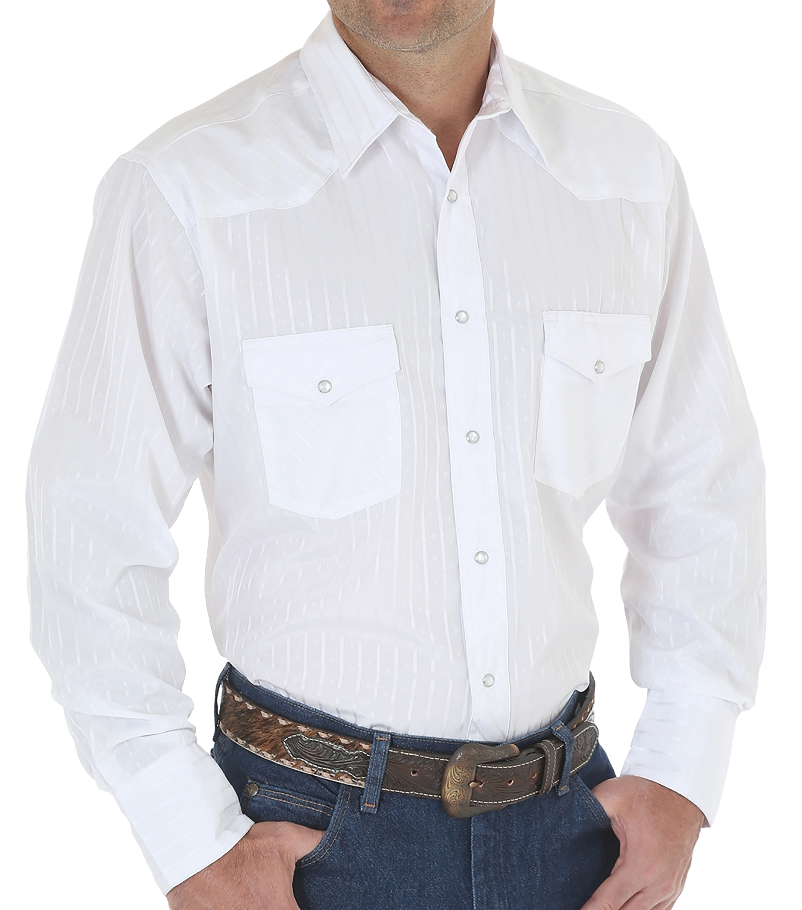 Image of Wrangler Sport Western Snap Long-Sleeve Shirt for Men - White
