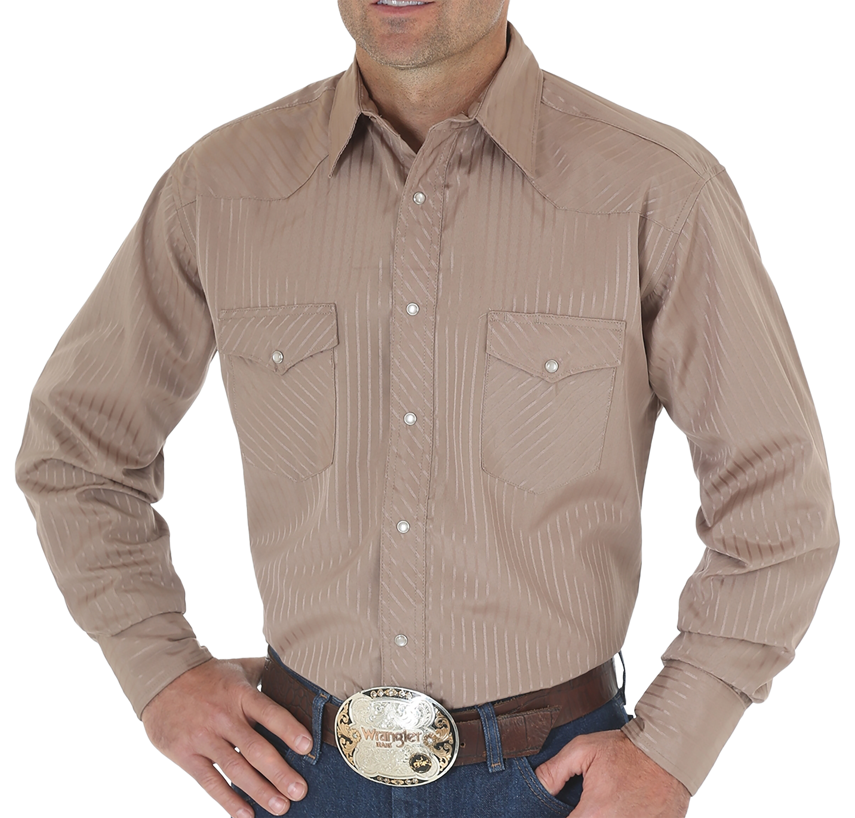 Image of Wrangler Sport Western Snap Long-Sleeve Shirt for Men - Khaki