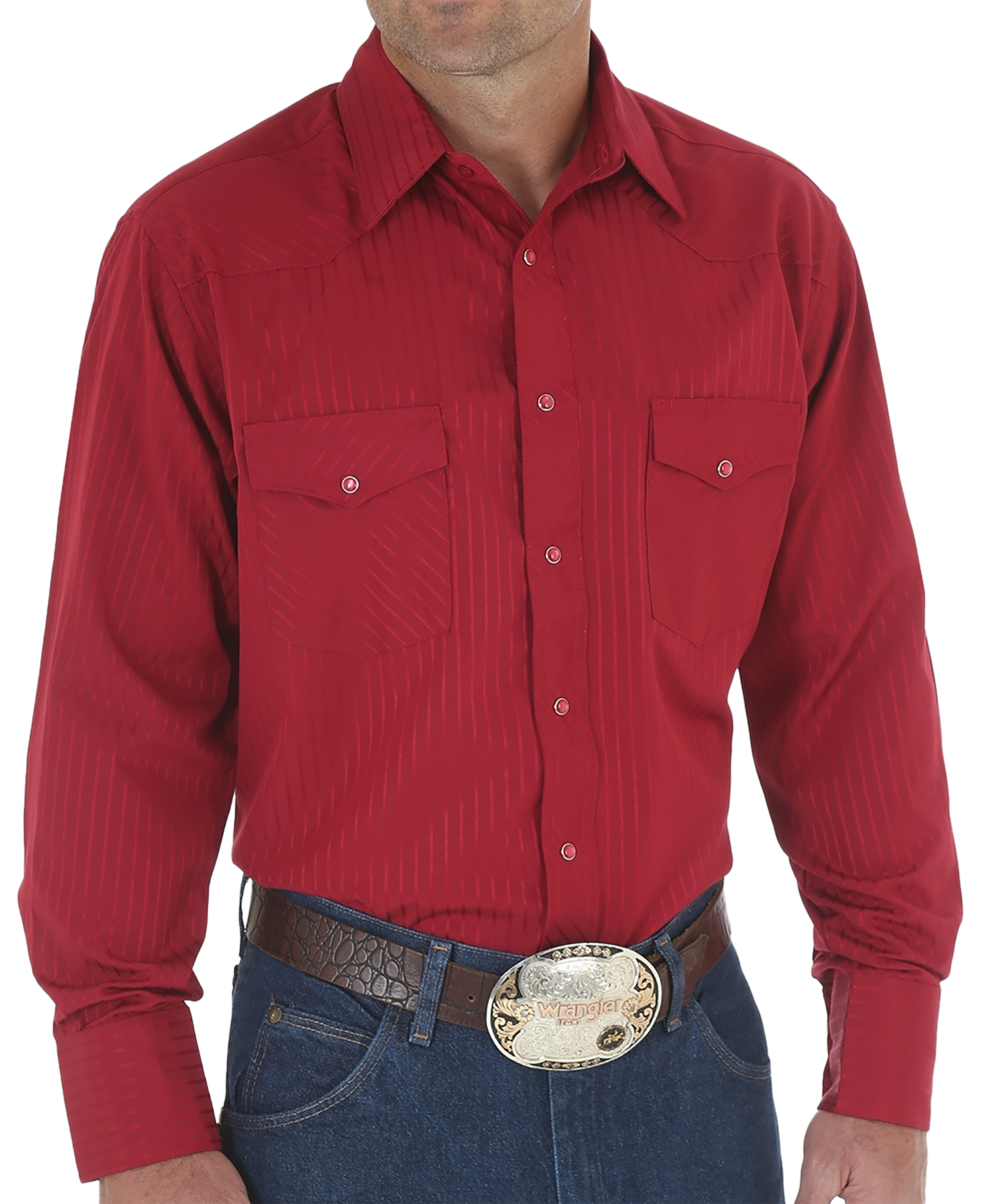 Image of Wrangler Sport Western Snap Long-Sleeve Shirt for Men - Wine