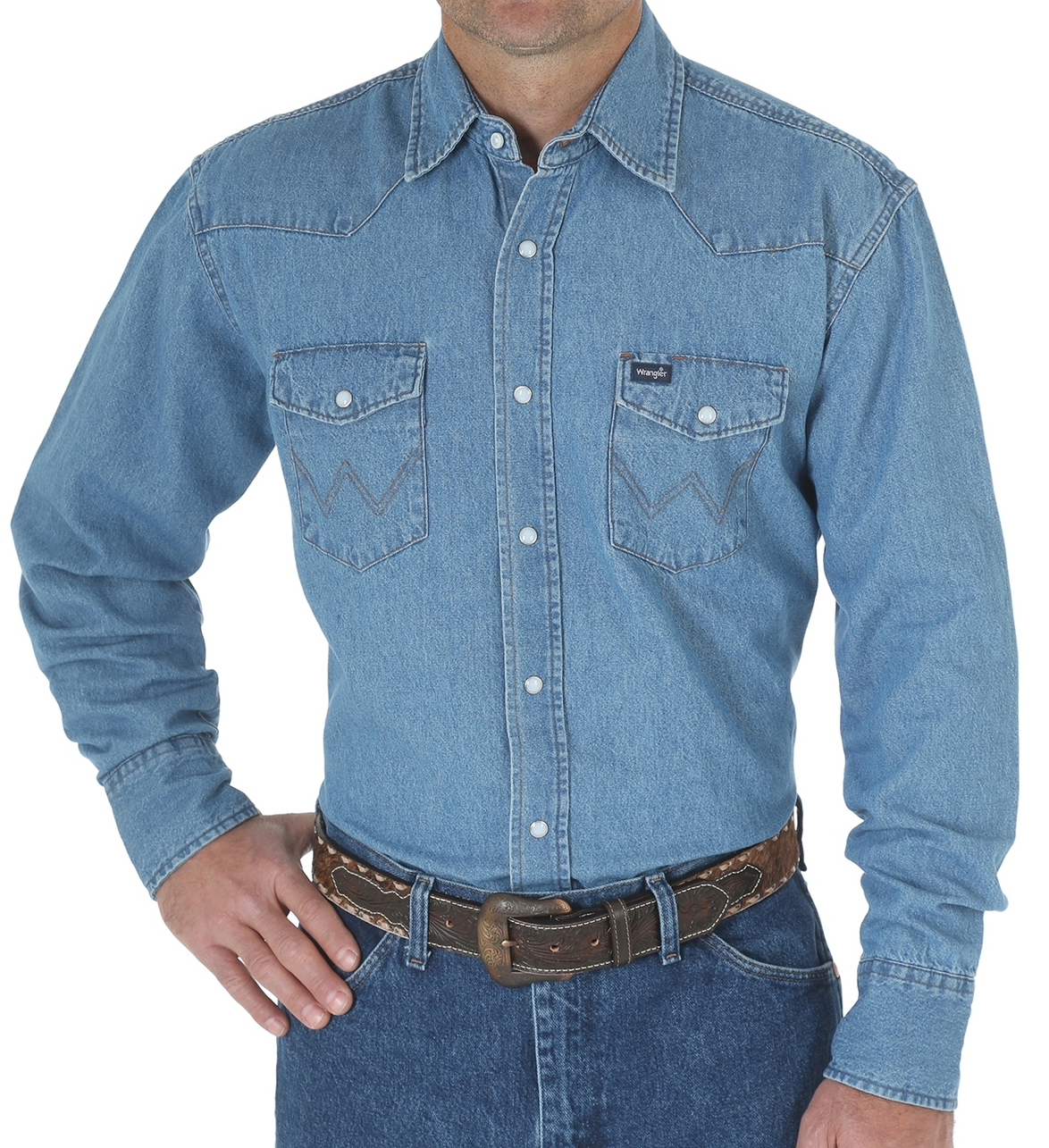 Image of Wrangler Cowboy Cut Work Western Basic Long-Sleeve Shirt for Men - Stonewash