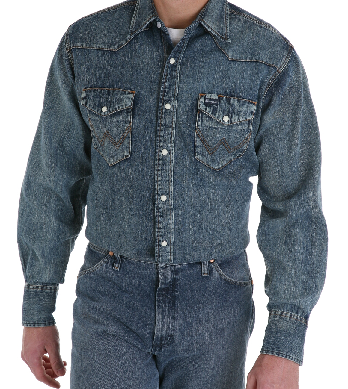 Image of Wrangler Cowboy-Cut Work Basic Long-Sleeve Shirt for Men - Antique Blue