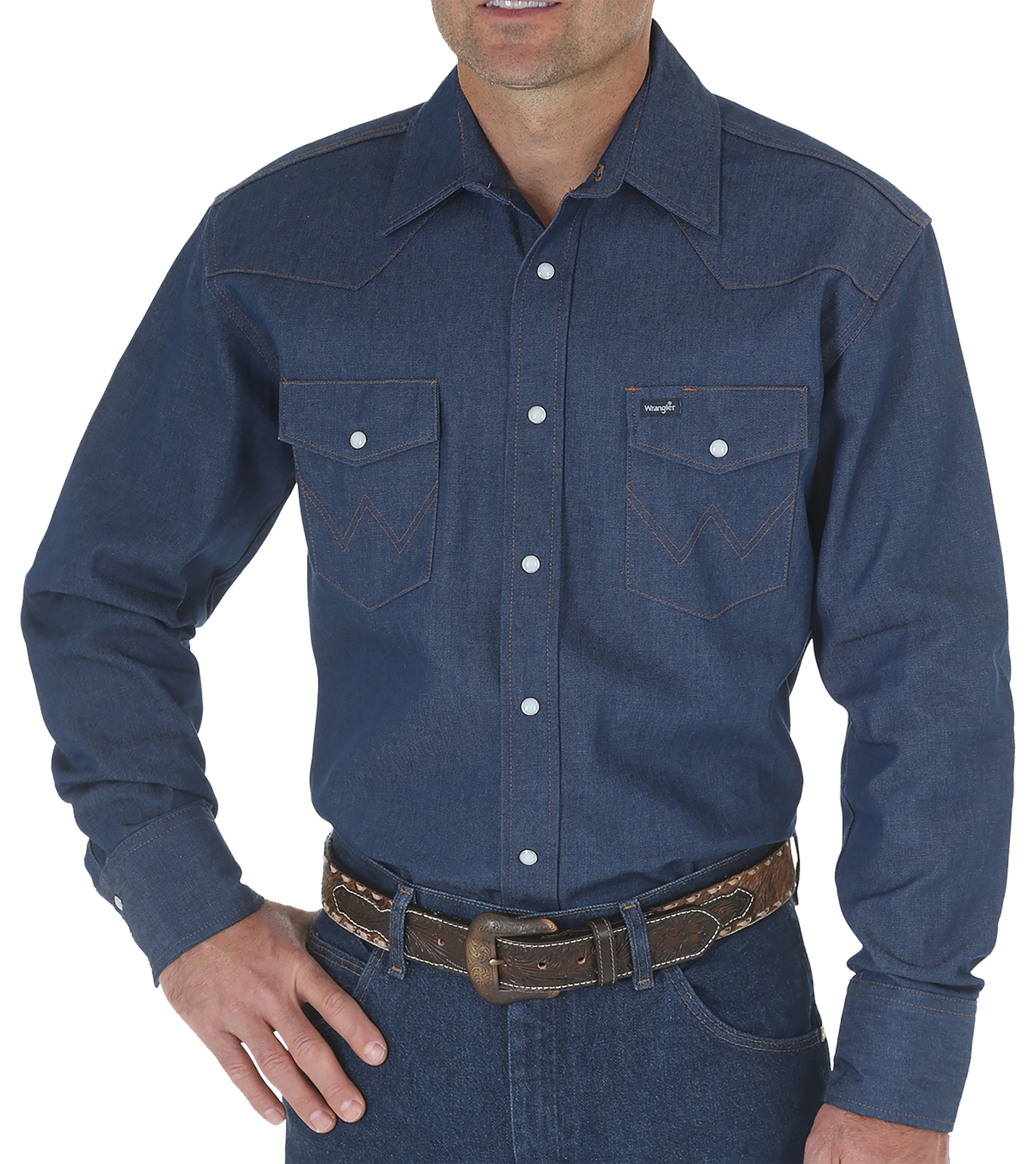 Image of Wrangler Authentic Cowboy-Cut Work Western Long-Sleeve Shirt for Men - Blue