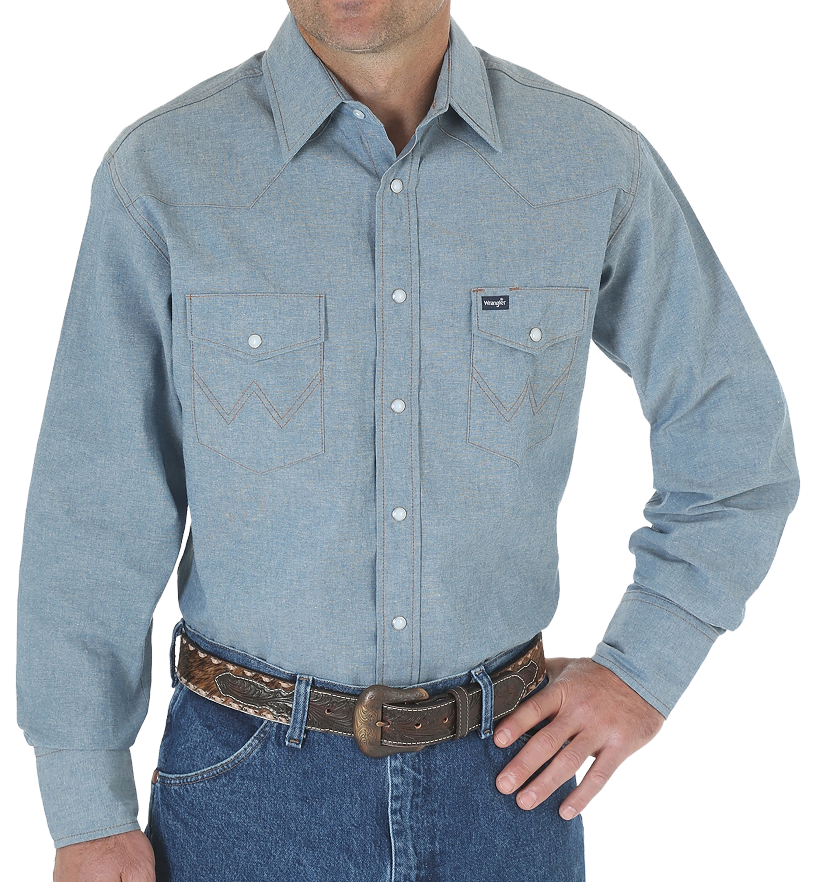 Image of Wrangler Authentic Cowboy-Cut Work Western Long-Sleeve Shirt for Men - Chambray