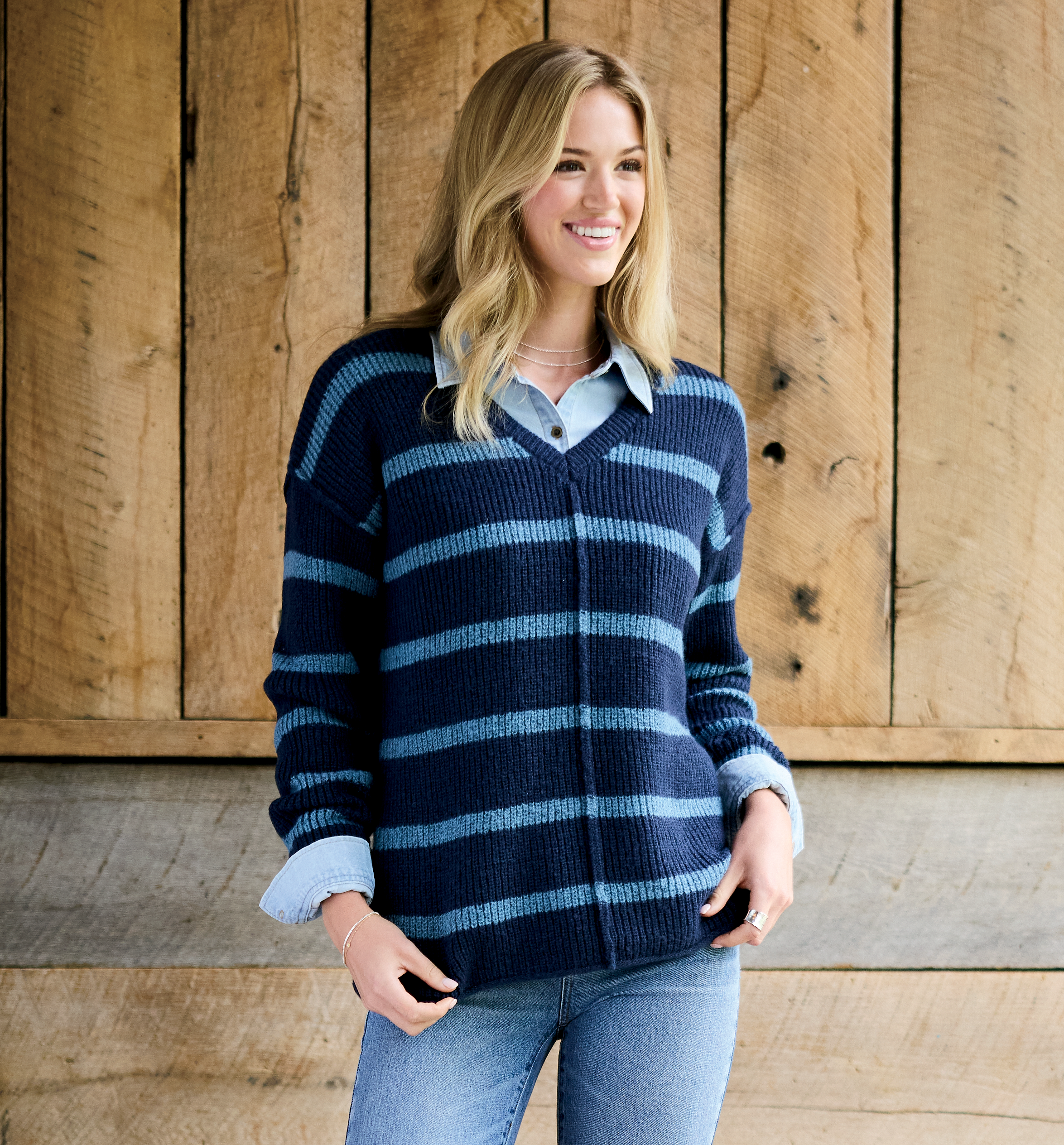 Image of Natural Reflections Tahoe V-Neck Long-Sleeve Sweater - Navy/Bluestone Stripe