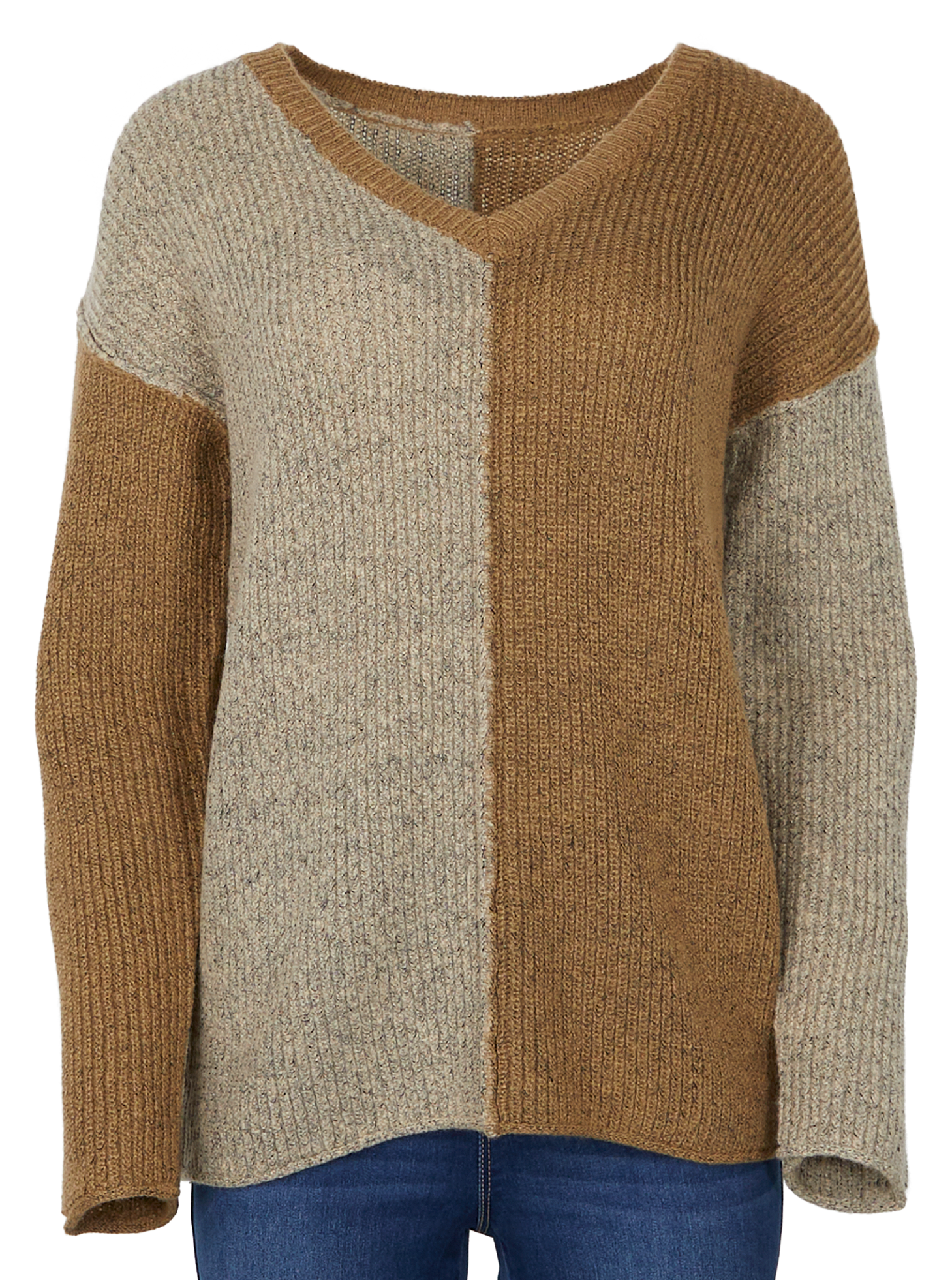 Image of Natural Reflections Tahoe V-Neck Long-Sleeve Sweater - Oatmeal/Tan