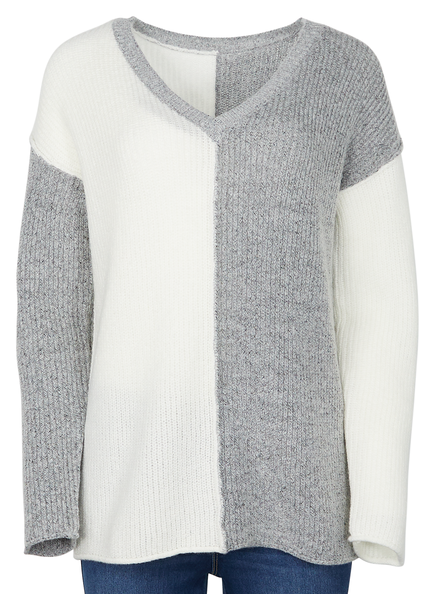 Image of Natural Reflections Tahoe V-Neck Long-Sleeve Sweater - Cream/Grey