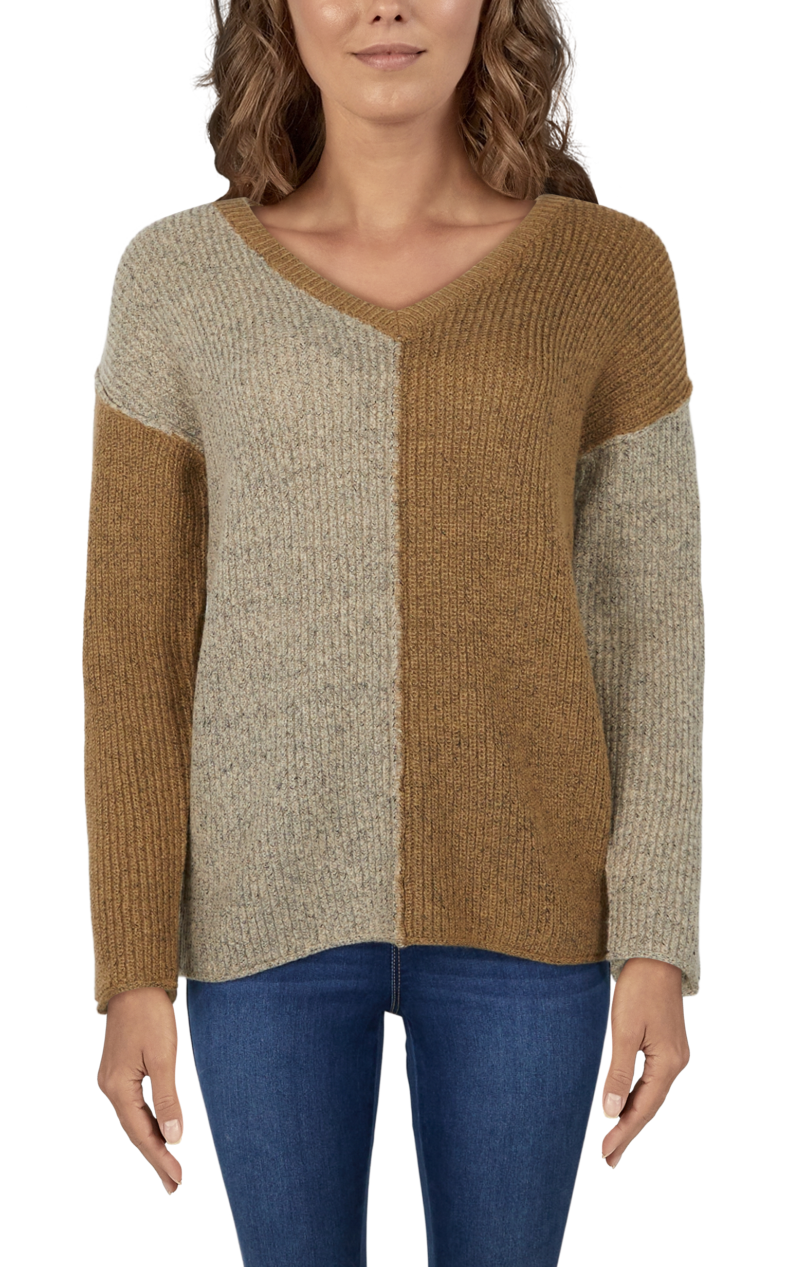 Image of Natural Reflections Tahoe V-Neck Long-Sleeve Sweater - Oatmeal/Tan - 1X