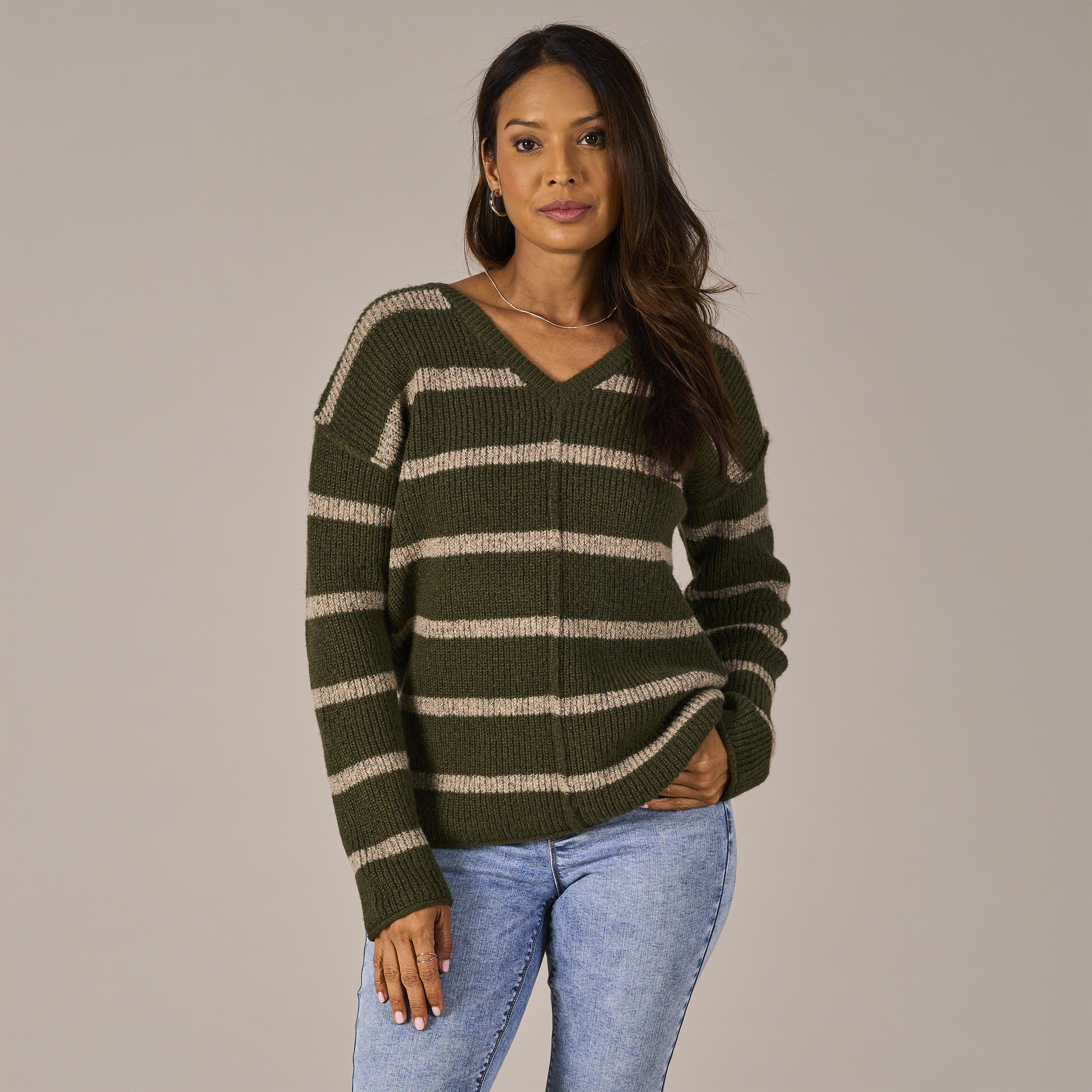 Image of Natural Reflections Tahoe V-Neck Long-Sleeve Sweater - Deep Depths/Oatmeal Stripe - 1X