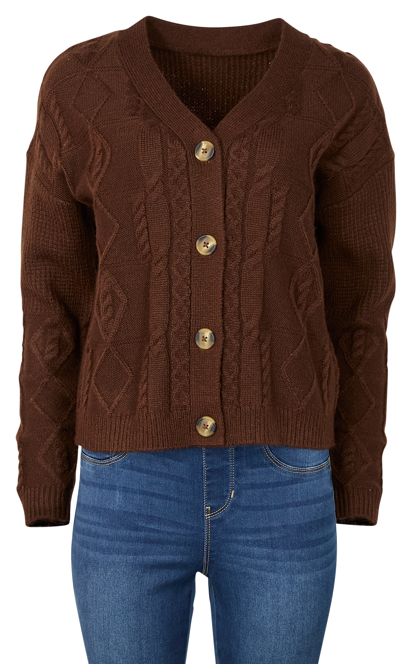 Image of Natural Reflections Tahoe Cable Long-Sleeve Sweater Cardigan - Chestnut