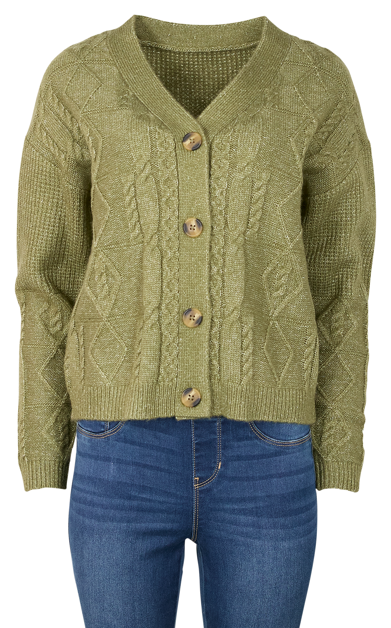 Image of Natural Reflections Tahoe Cable Long-Sleeve Sweater Cardigan - Garden Green