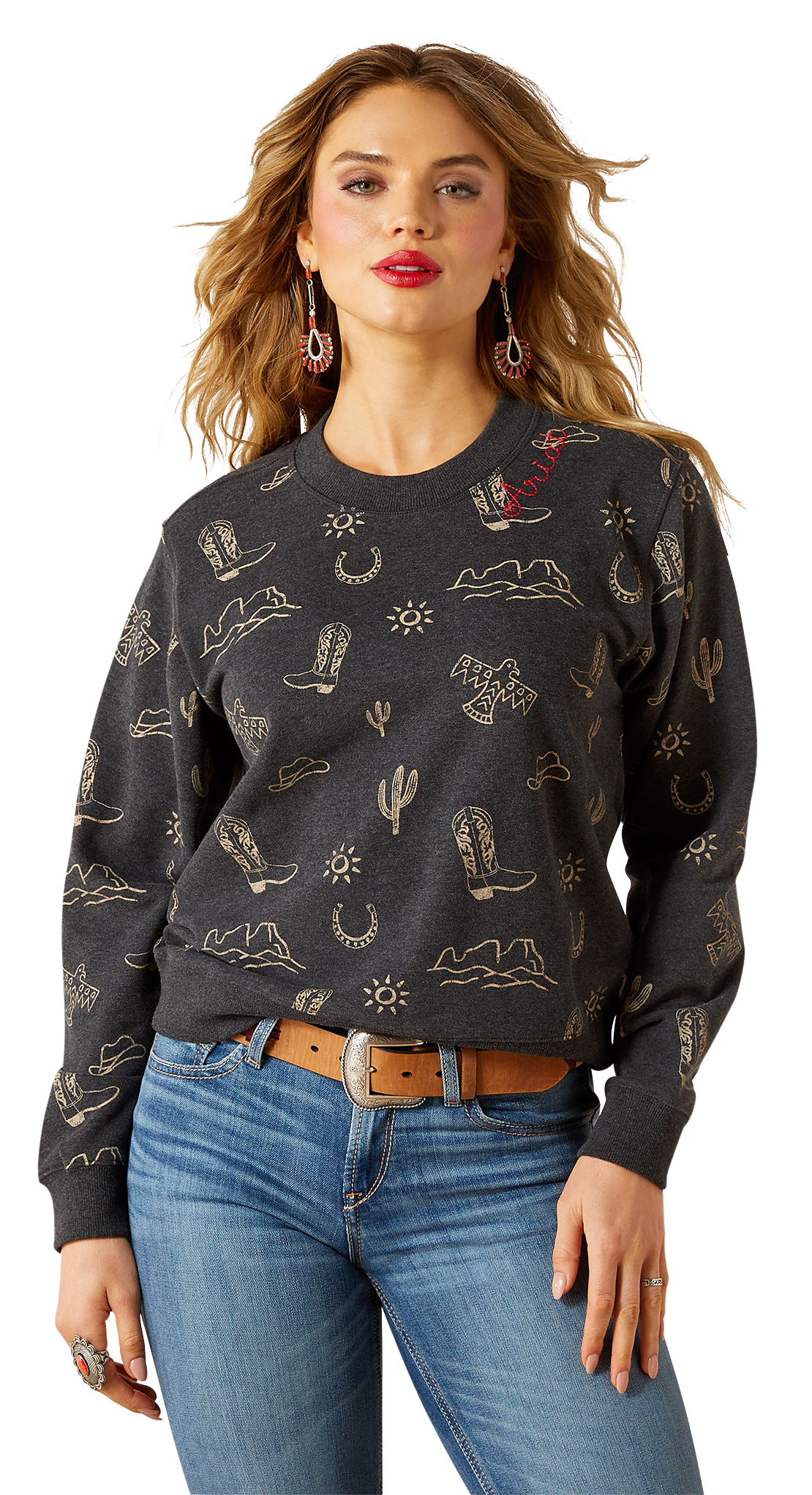 Image of Ariat Western Print Essential Crew Sweatshirt - Black Heather - XL